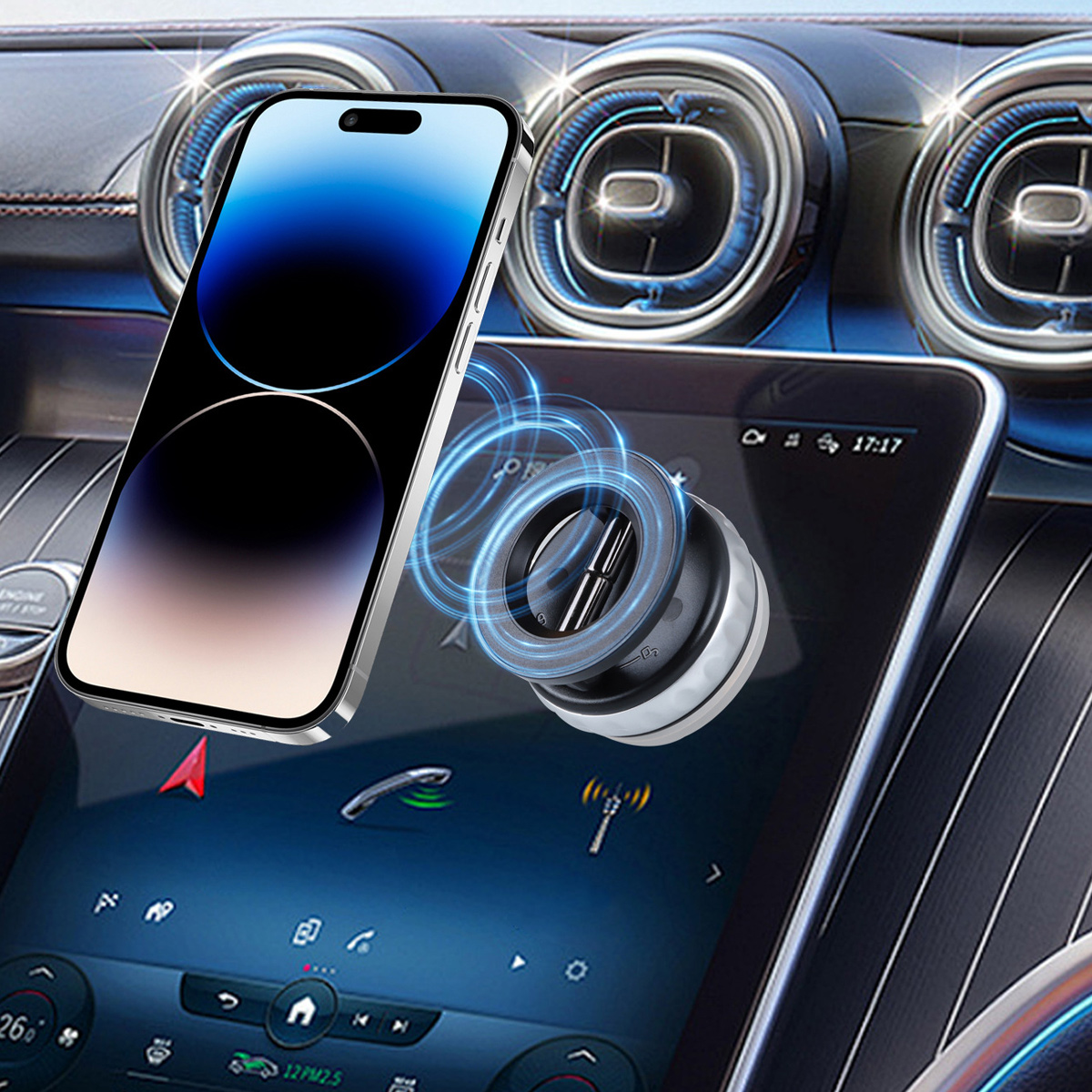 Ein Smartphone wird von einer Autohalterung gehalten. Der Bildschirm des Autos ist sichtbar. Innenelemente sind dunkelblau und schwarz.