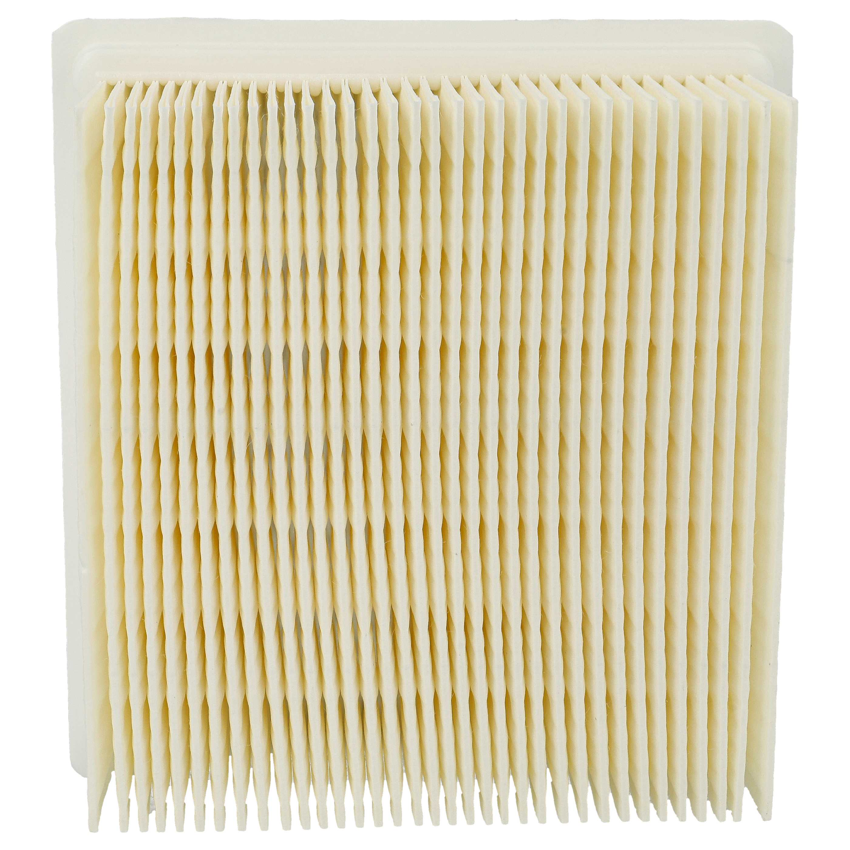 Ein Luftfilter mit gefaltetem, cremefarbenem Papier. Der Filter ist rechteckig mit weißem Rahmen.