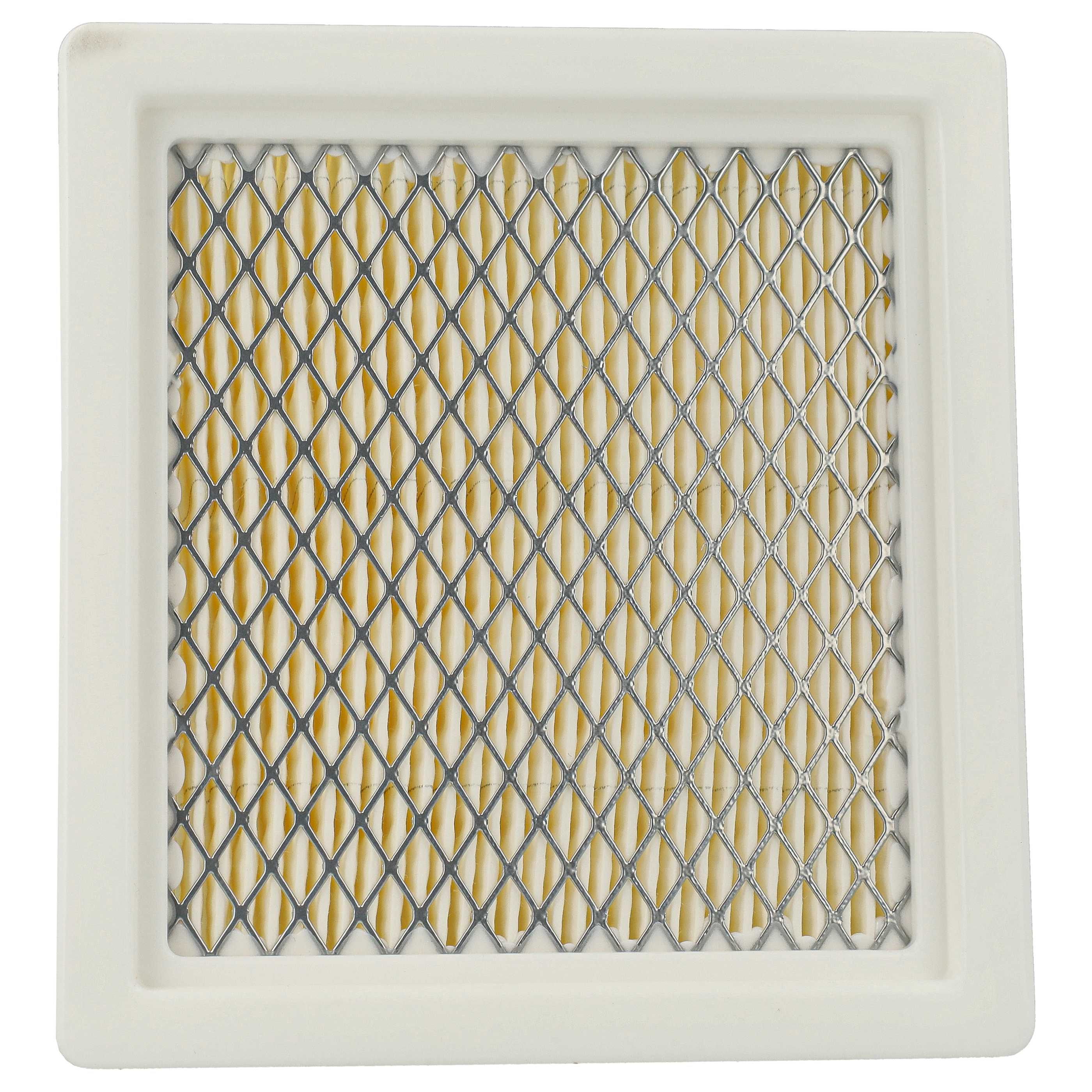 Ein Luftfilter mit weißem Rahmen und einem rautenförmigen Metallgitter, gefüllt mit gelbem Filtermaterial.