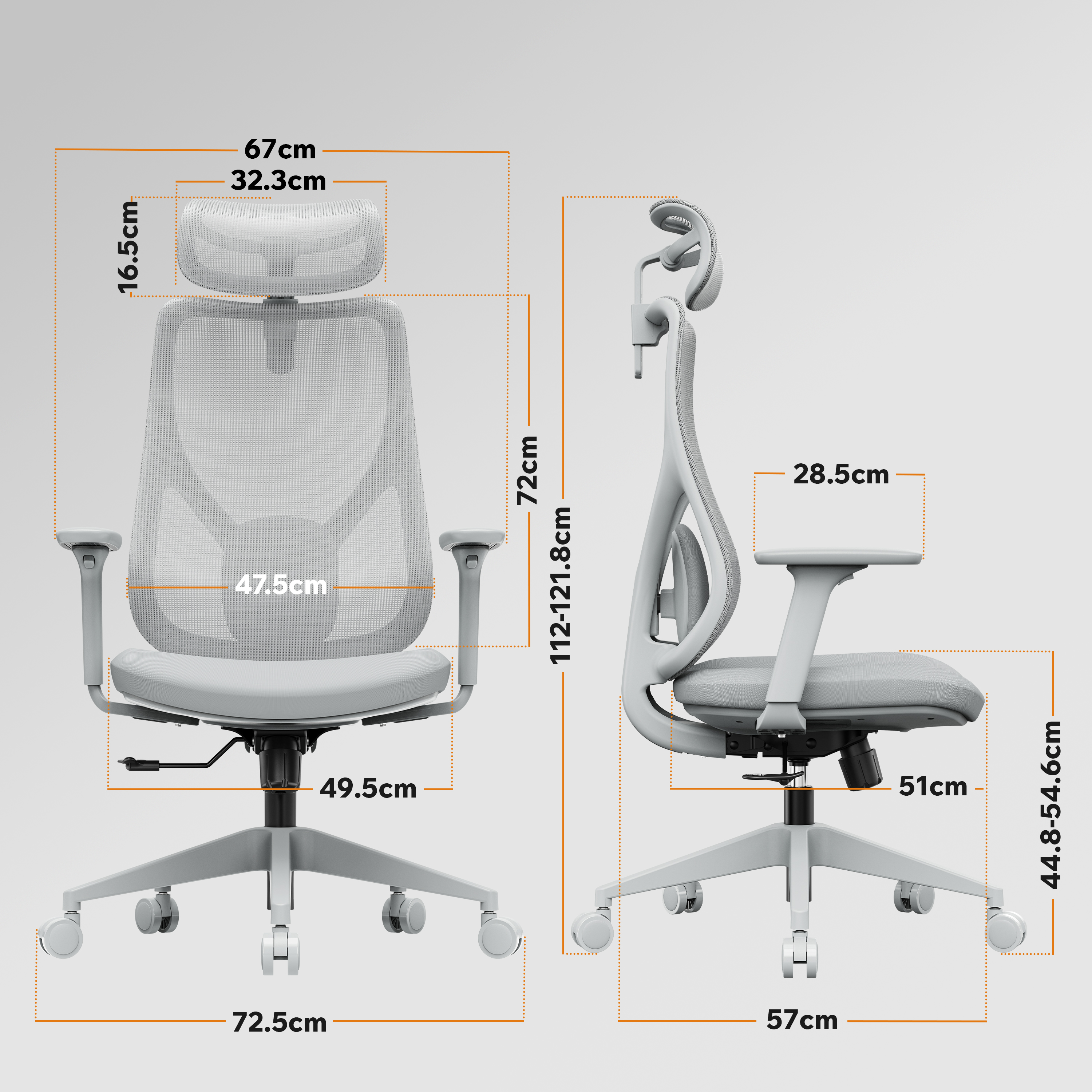 Due viste di una sedia da ufficio ergonomica grigia con dimensioni espresse in centimetri.
