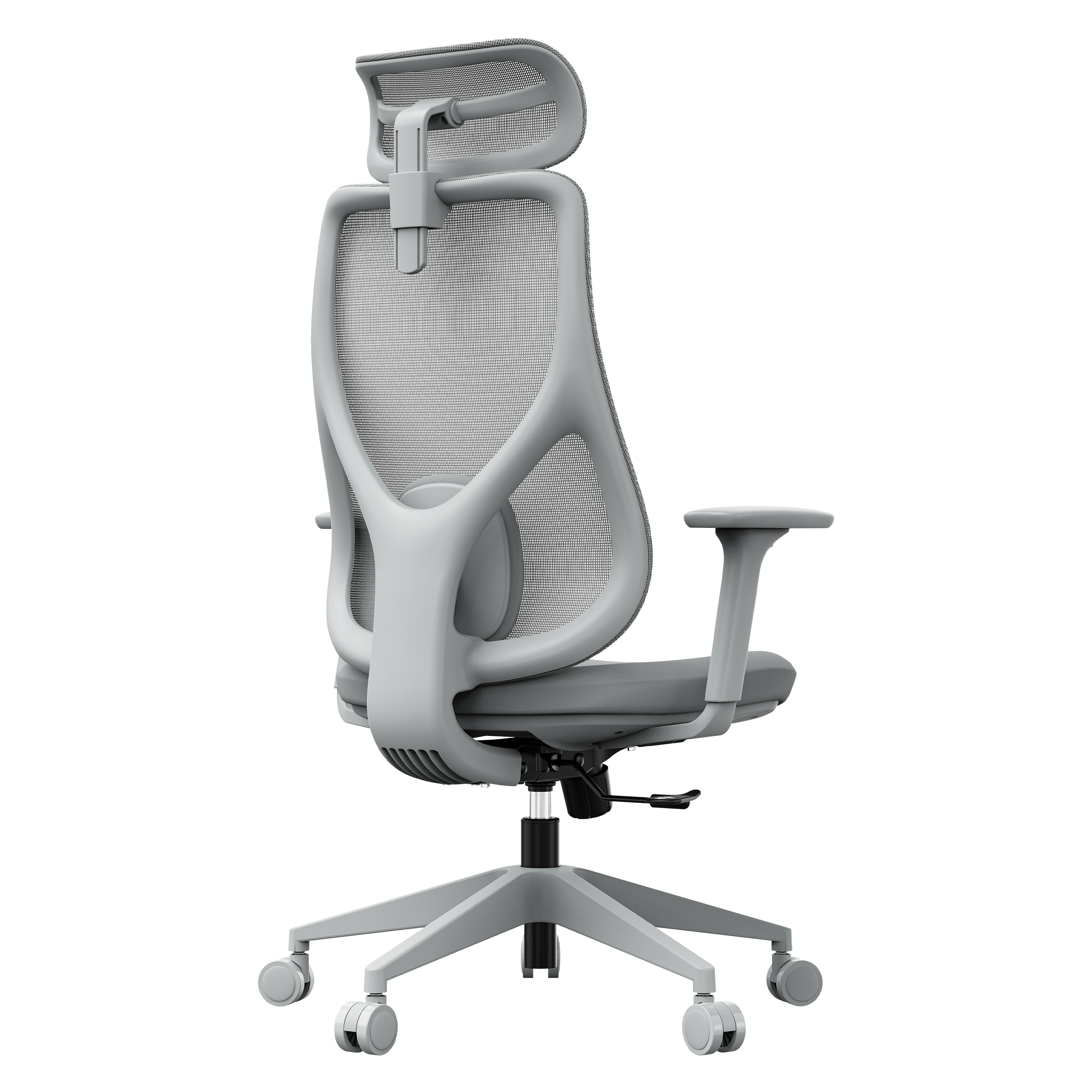 Ein grauer ergonomischer Bürostuhl vor weißem Hintergrund. Der Stuhl hat eine Netzrückenlehne, Kopfstütze, Armlehnen und ein Fünf-Rollen-Gestell.