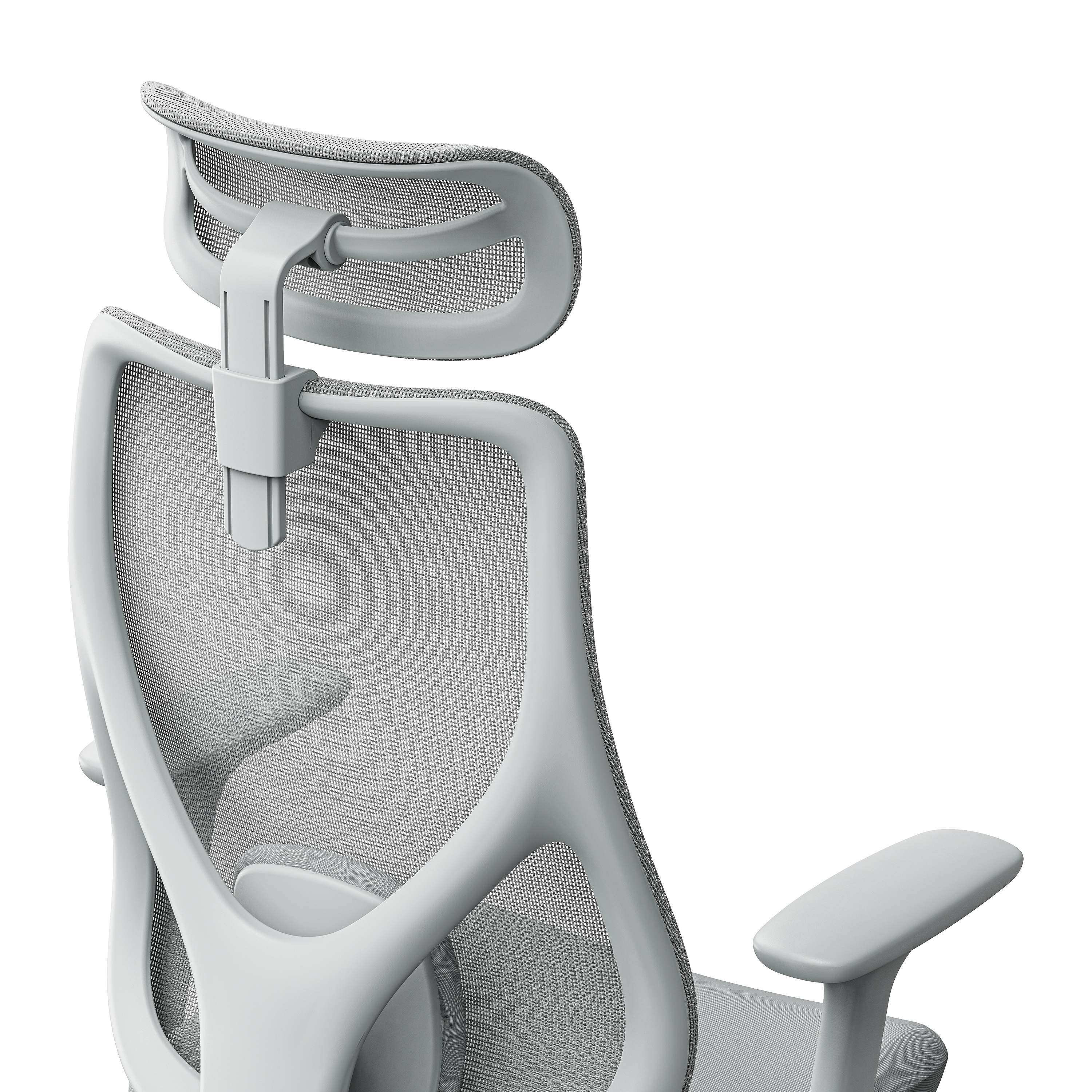 Primo piano di una sedia da ufficio ergonomica bianca. Presenta schienale e poggiatesta in rete, con braccioli. Sfondo bianco.