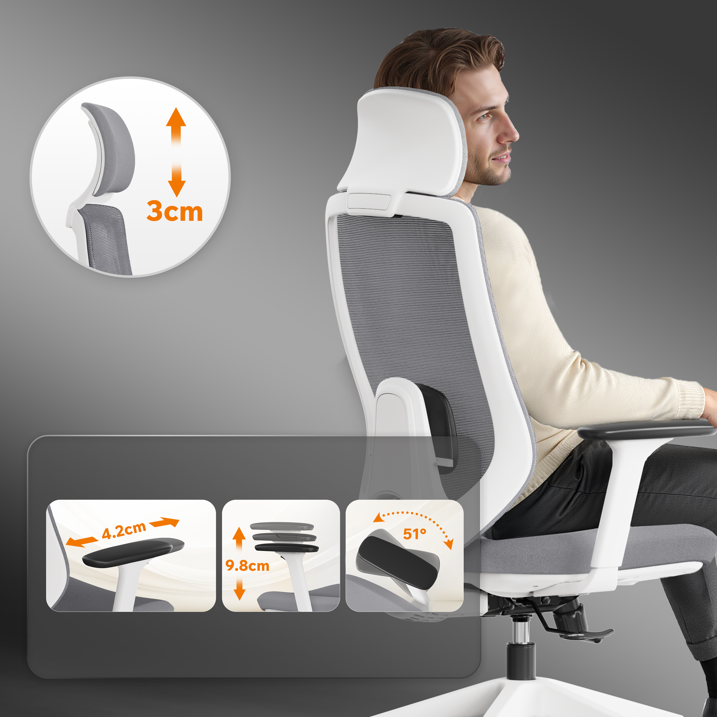 Un uomo è seduto su una sedia da ufficio ergonomica. I dettagli mostrano poggiatesta, braccioli e schienale regolabili, con misure.
