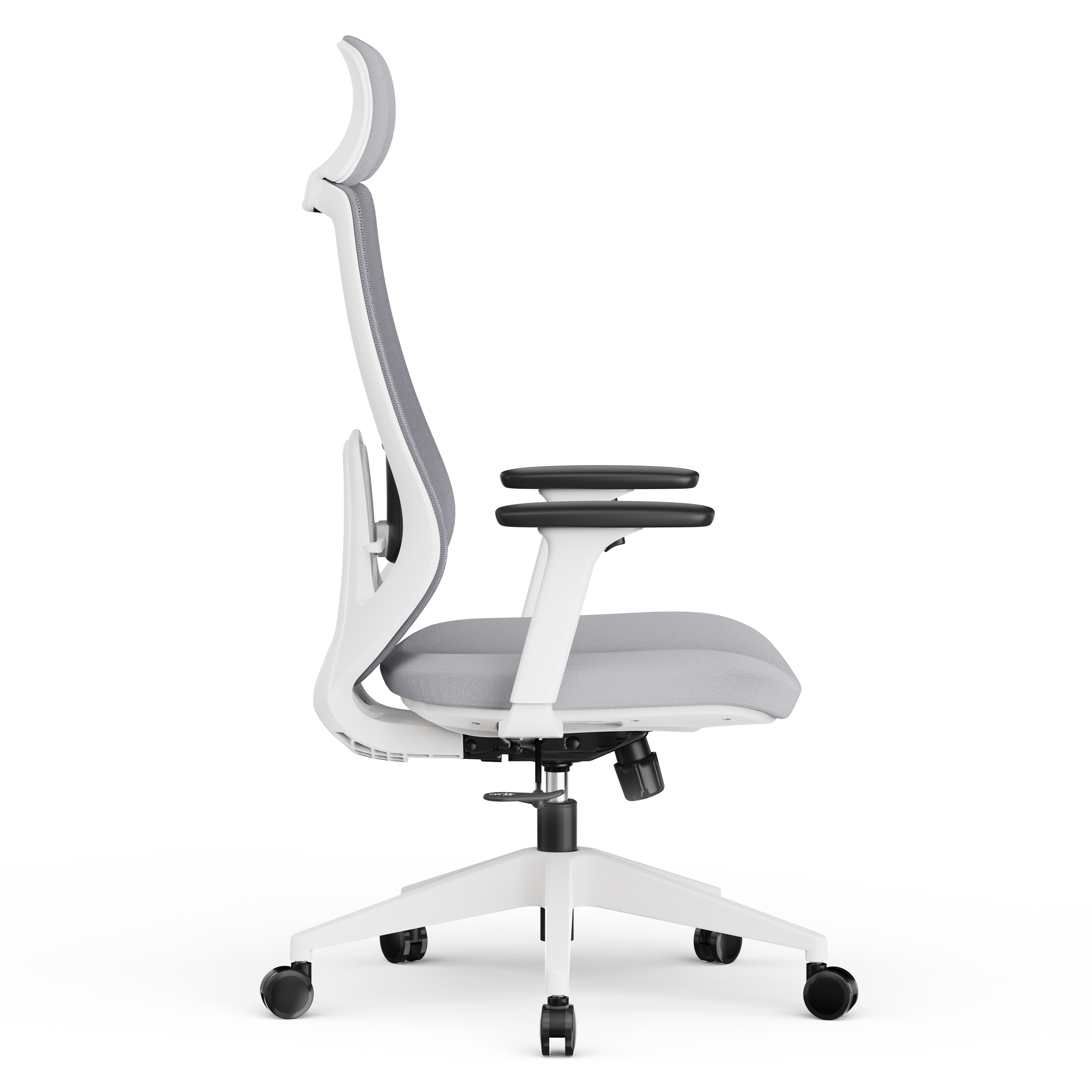 Ergonomischer Bürostuhl, Seitenansicht, weißer Rahmen, grauer Sitz und Rückenlehne, schwarze Armlehnen und Kopfstütze.