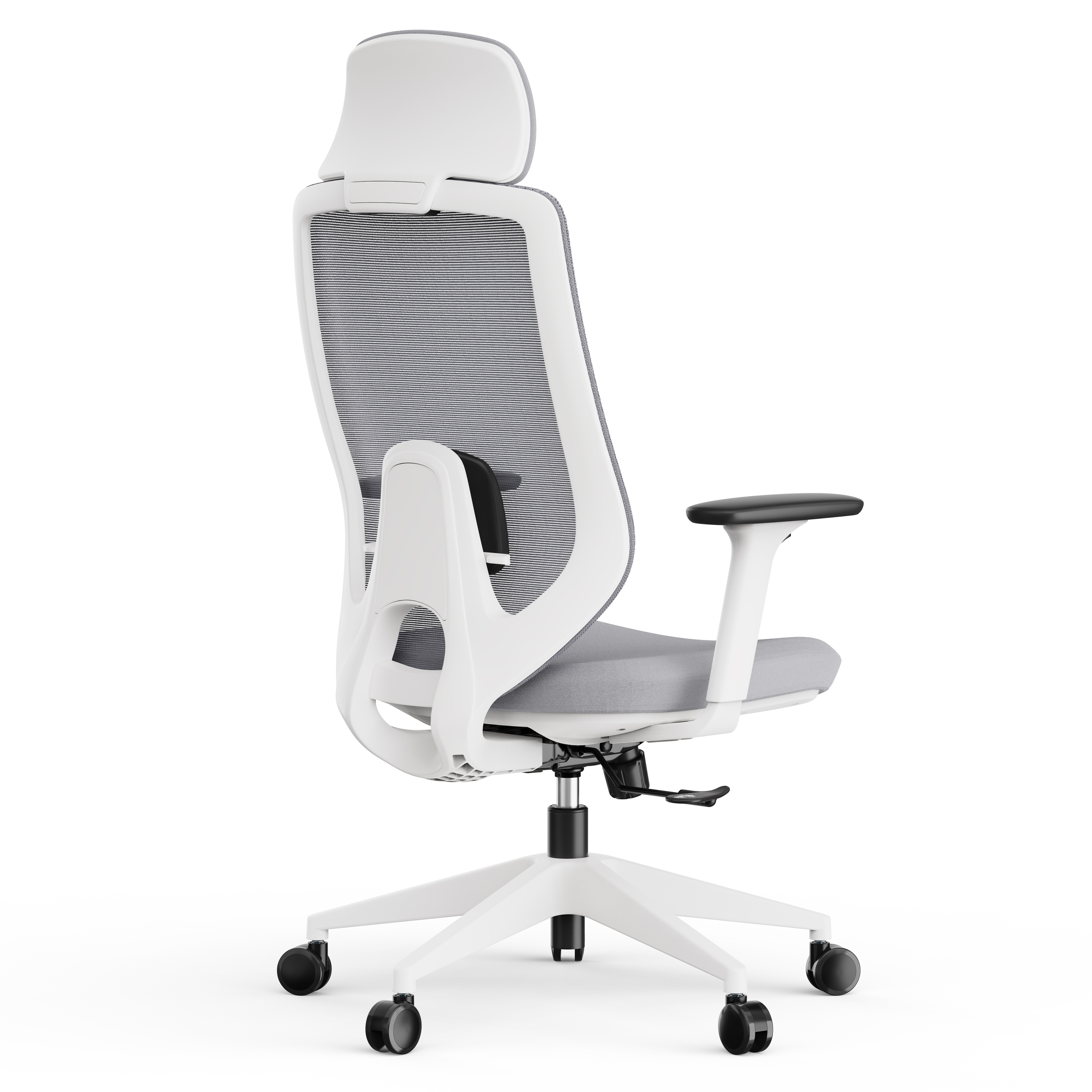 Sedia da ufficio ergonomica bianca e grigia. Ha schienale in rete, braccioli regolabili e poggiatesta, su una base bianca con ruote.