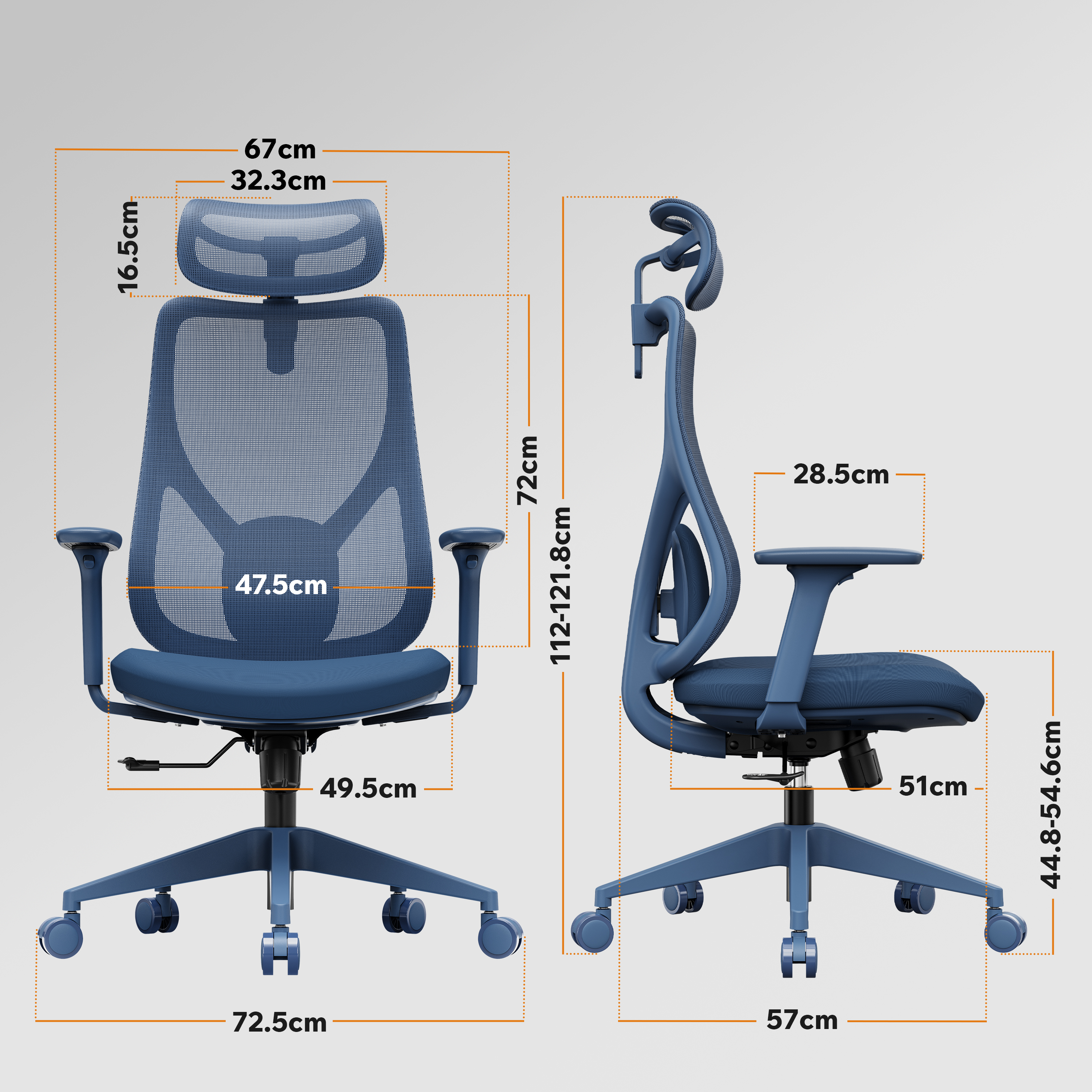 Una sedia da ufficio blu con dimensioni etichettate. Viste anteriore e laterale. Include le misure di altezza, larghezza e profondità.