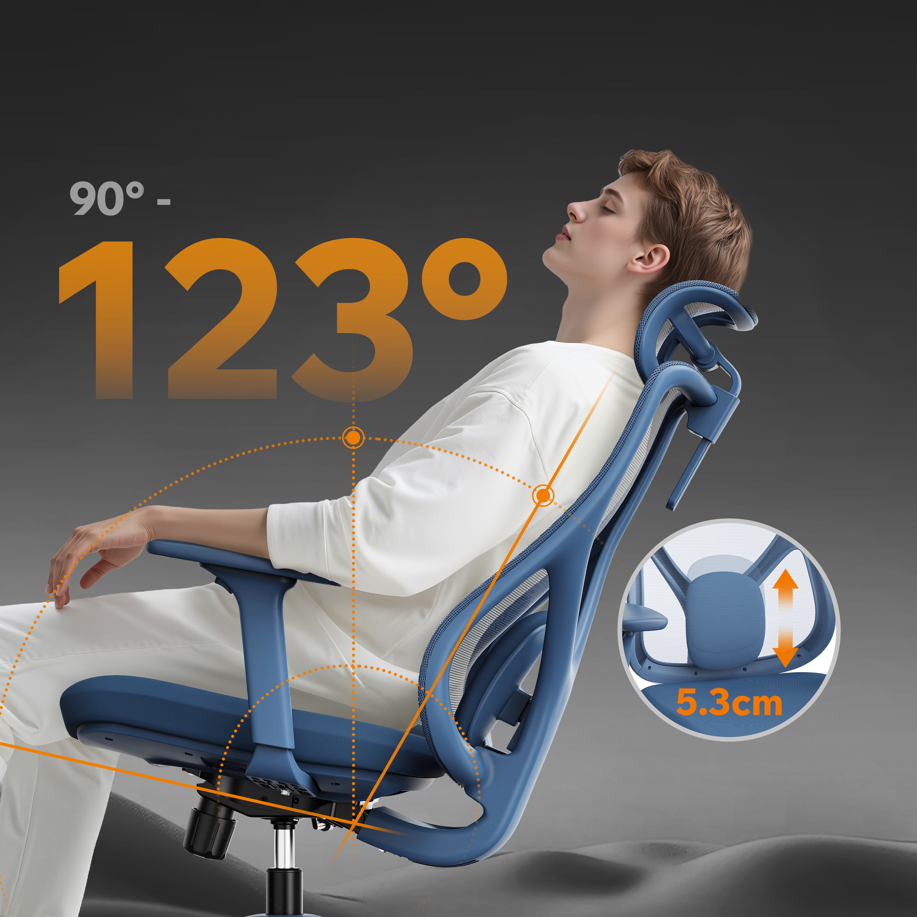 Un uomo è seduto su una sedia ergonomica blu, reclinata di 123 gradi. La sedia offre una regolazione di 5,3 cm.