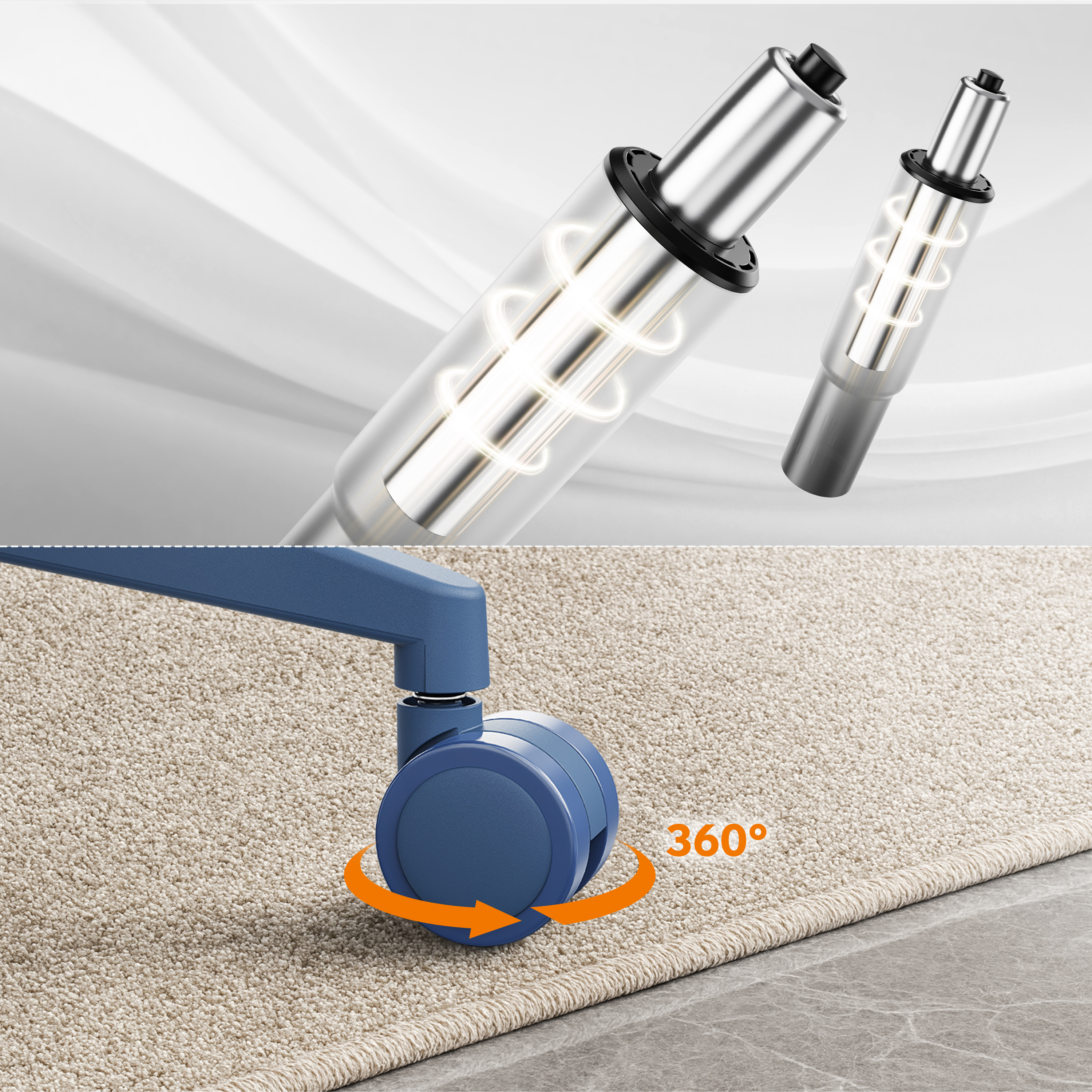 Cilindri di sollevamento a gas di una sedia da ufficio e una ruota blu su un tappeto beige con simbolo di rotazione a 360 gradi.