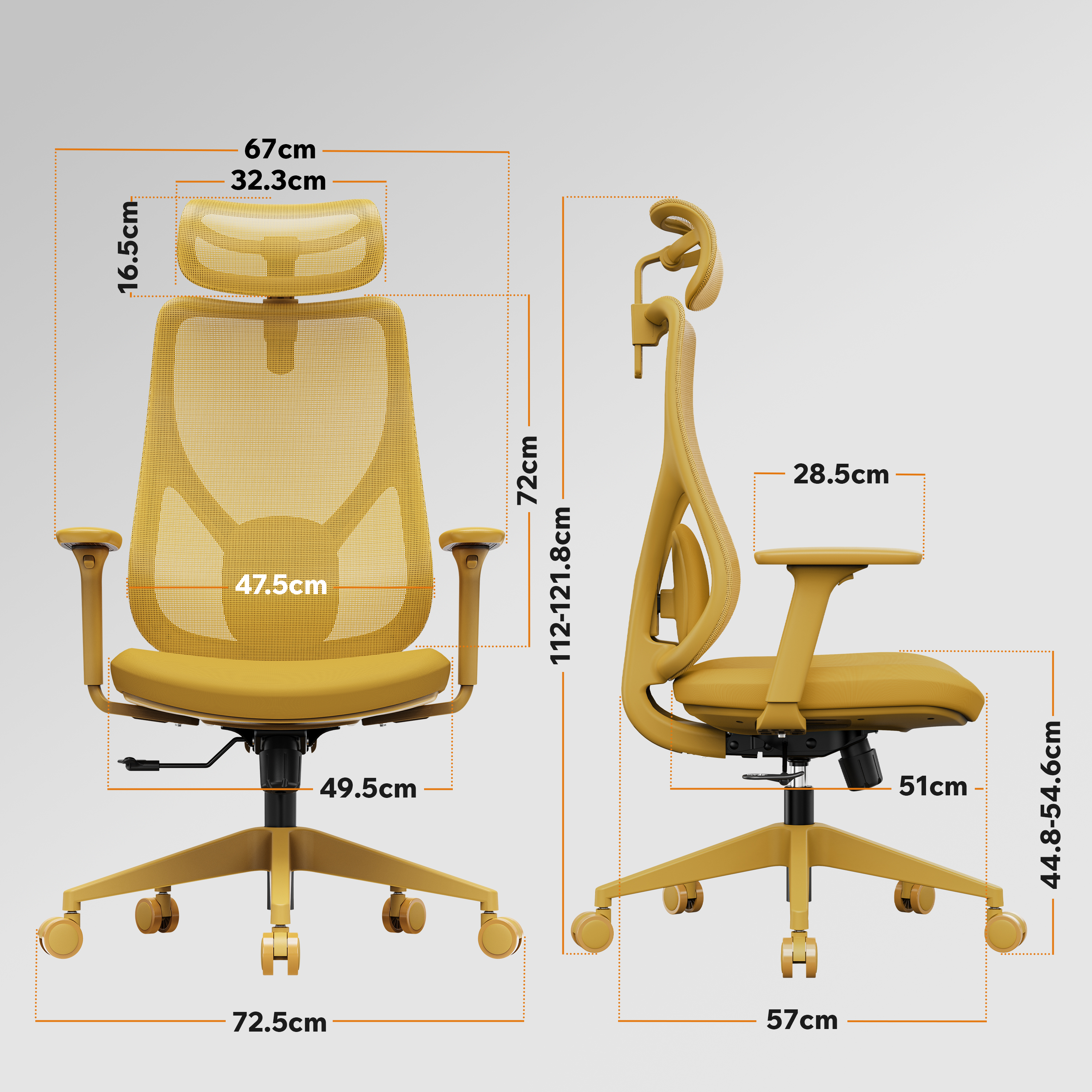 Viene mostrata una sedia da ufficio ergonomica gialla, con dimensioni indicate in centimetri e misure da diverse angolazioni.