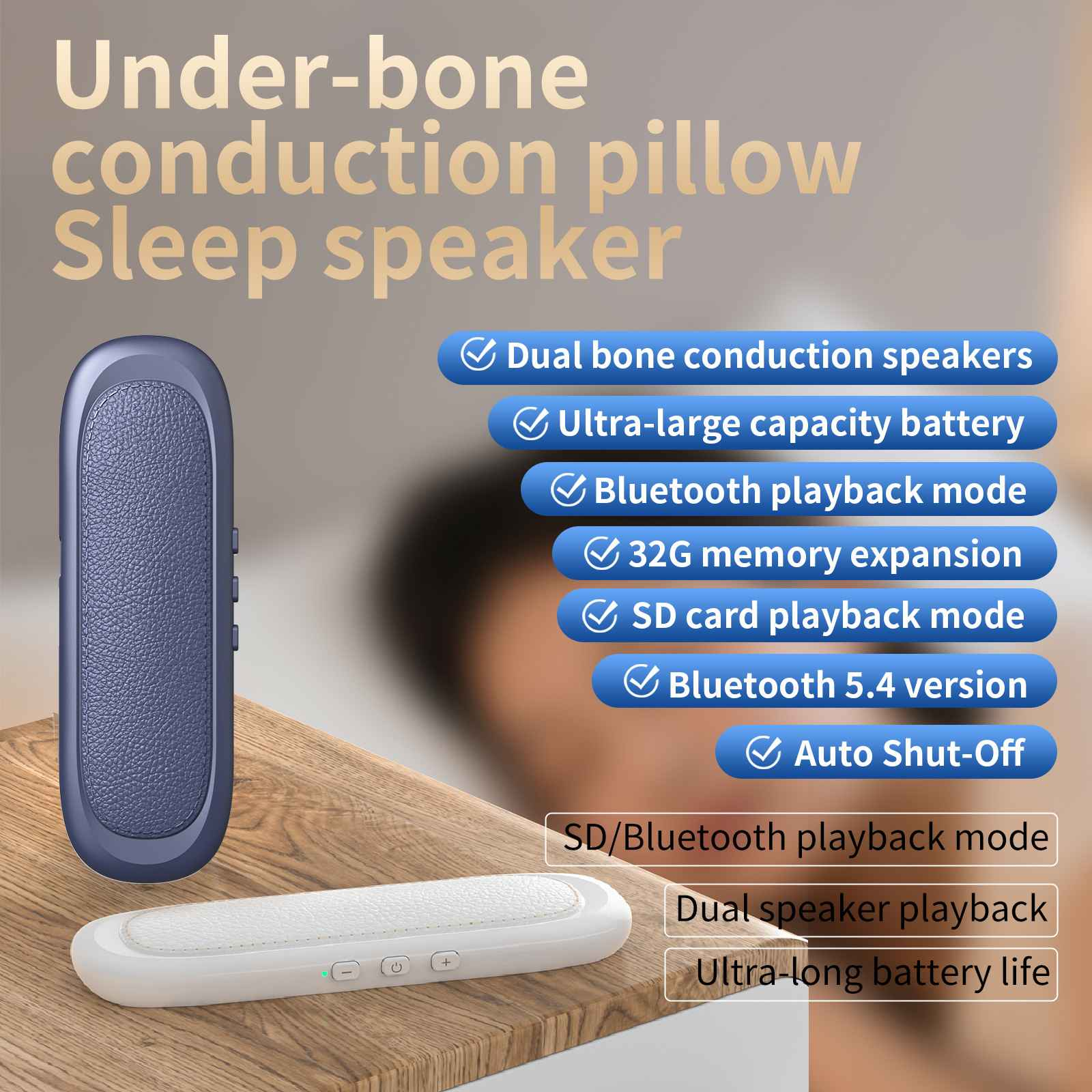 Ein Schlaflautsprecher mit blauem und weißem Lautsprecher. Textdetails wie Bluetooth und Akkulaufzeit.