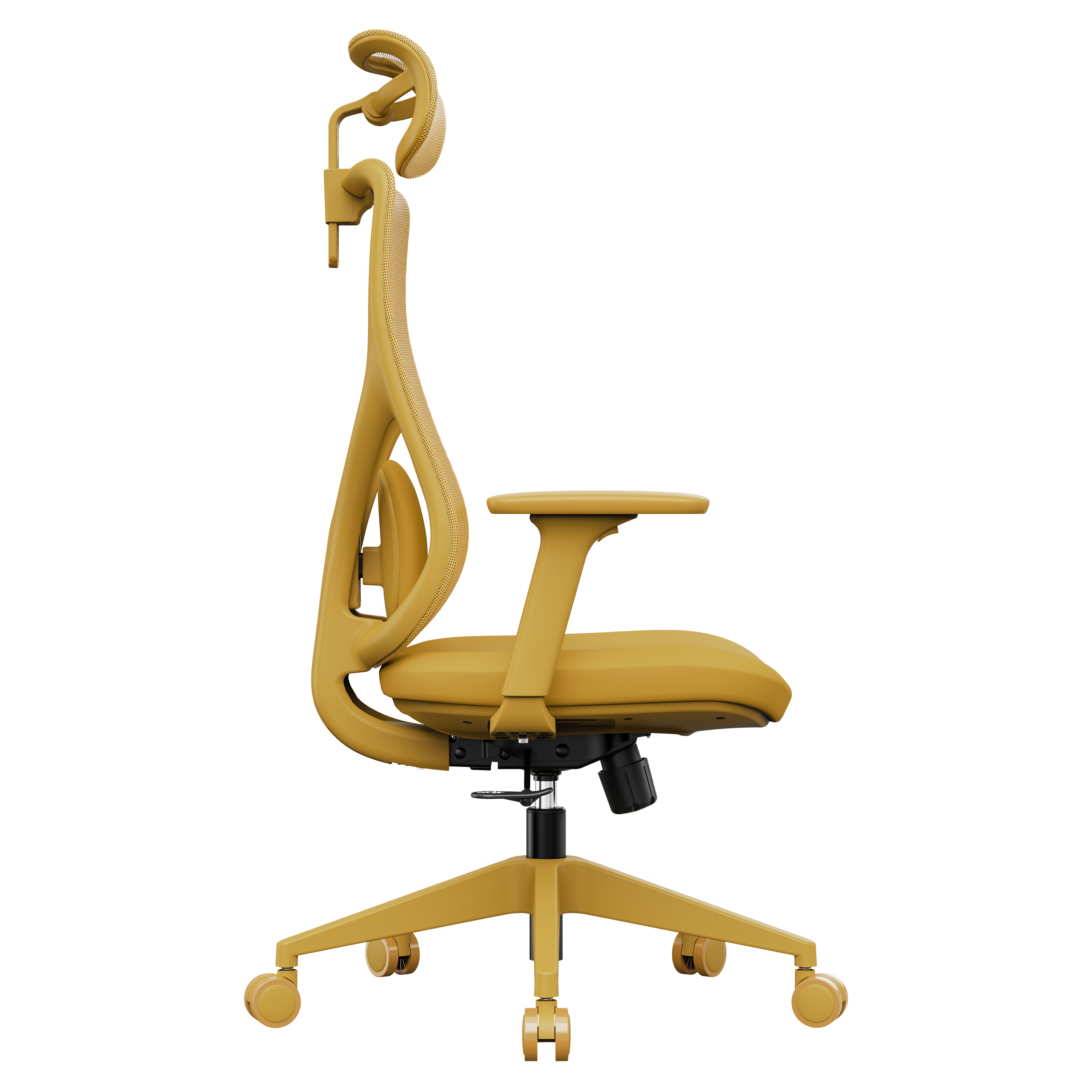Gelber ergonomischer Bürostuhl auf weißem Hintergrund. Der Stuhl hat eine Kopfstütze, Rückenlehne, Sitzfläche, Armlehnen und Rollen.