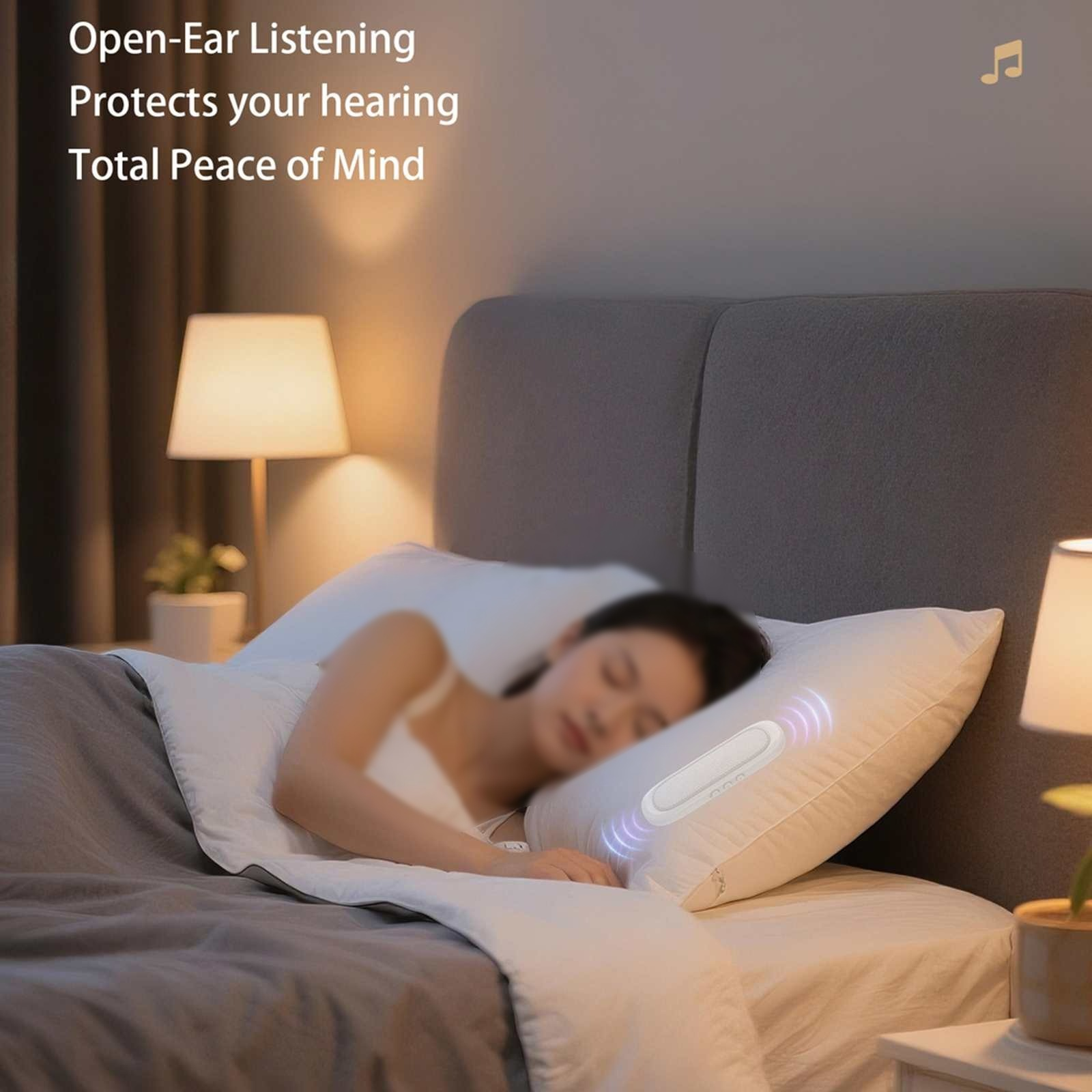 Eine Frau schläft im Bett, mit einem Kissen mit einem Audiogerät. Lampen sind beleuchtet, und Text wirbt für offenes Hören.