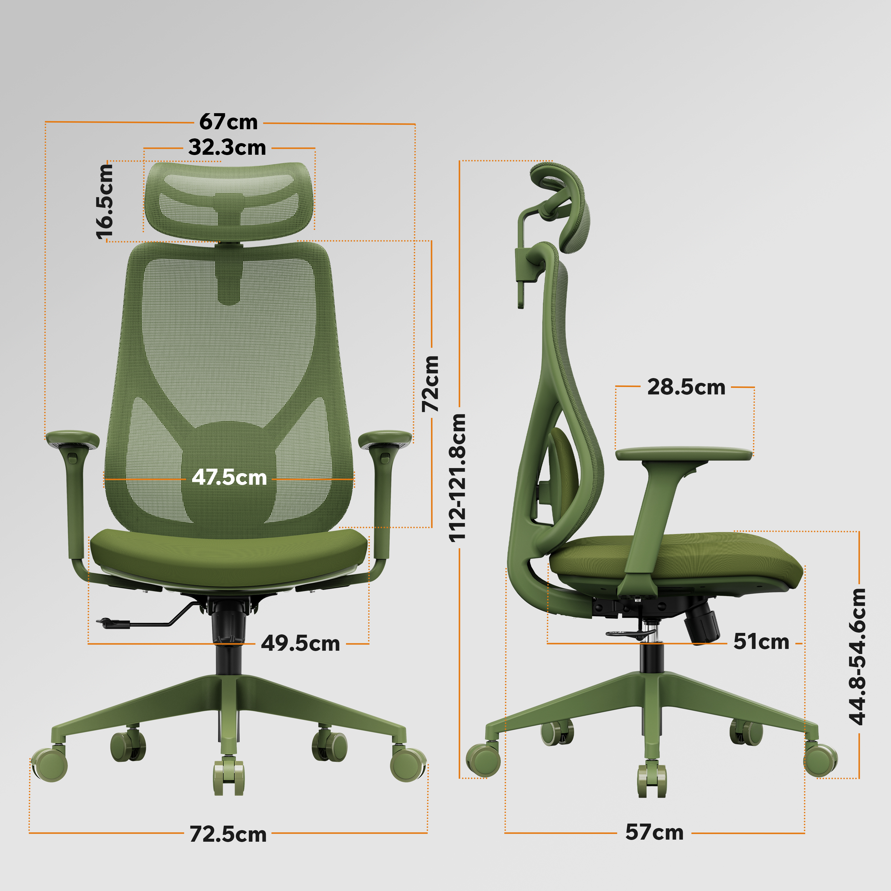 Una sedia da ufficio ergonomica verde con dimensioni etichettate. Sono mostrate due viste, anteriore e laterale.