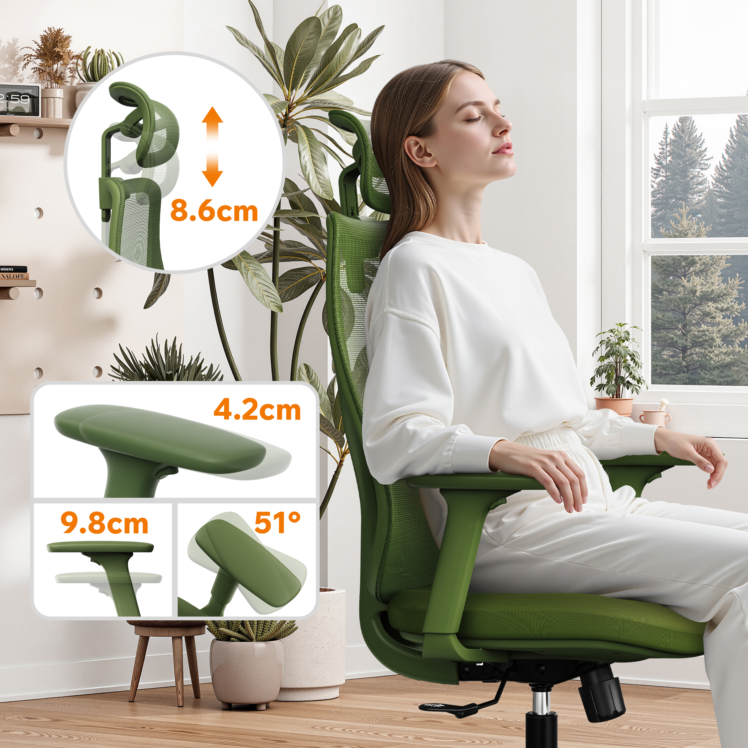 Una donna seduta su una sedia da ufficio verde. I dettagli delle caratteristiche regolabili della sedia sono mostrati nelle immagini a incasso.