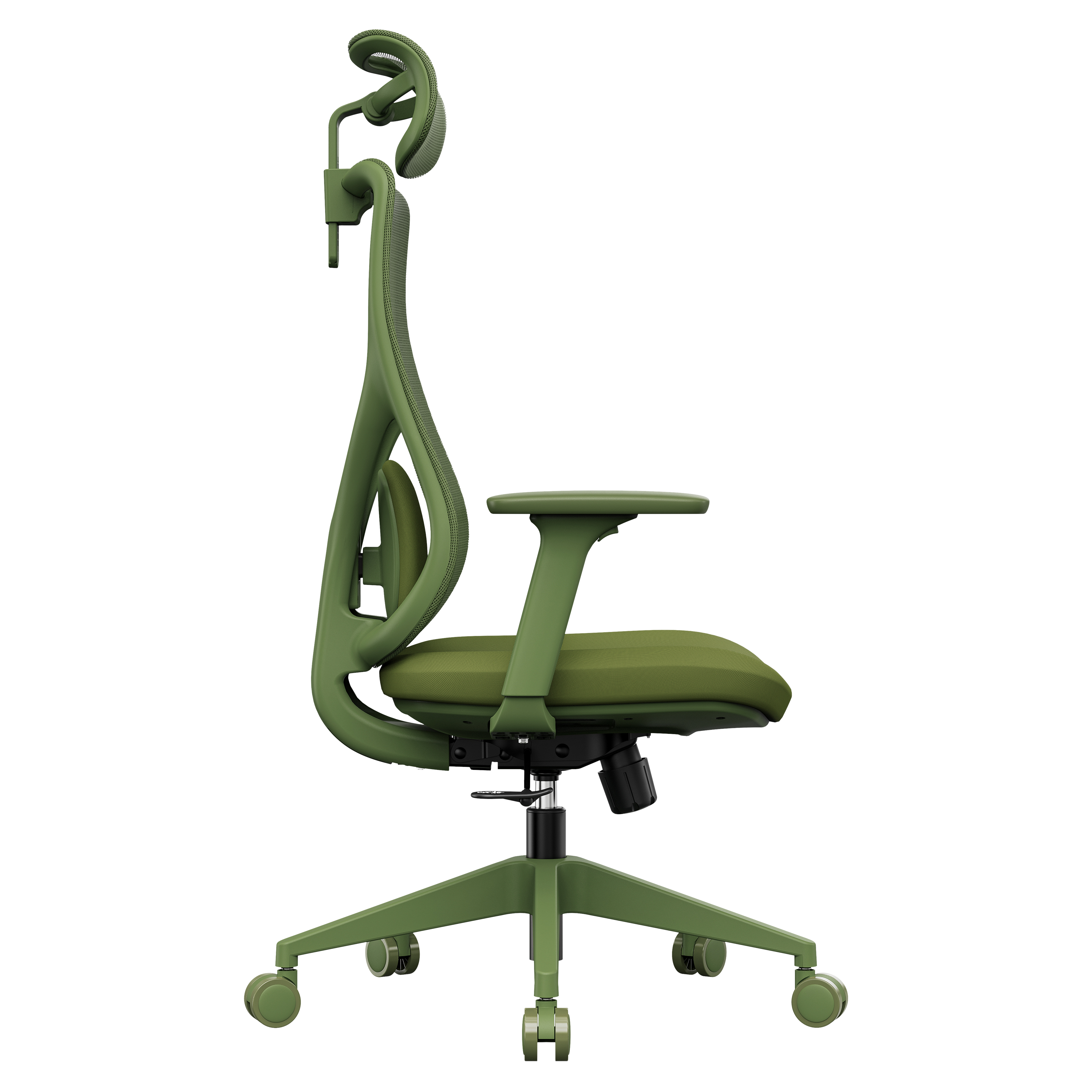 Ein grüner ergonomischer Bürostuhl vor weißem Hintergrund. Er hat eine Netzrückenlehne und eine verstellbare Kopfstütze.