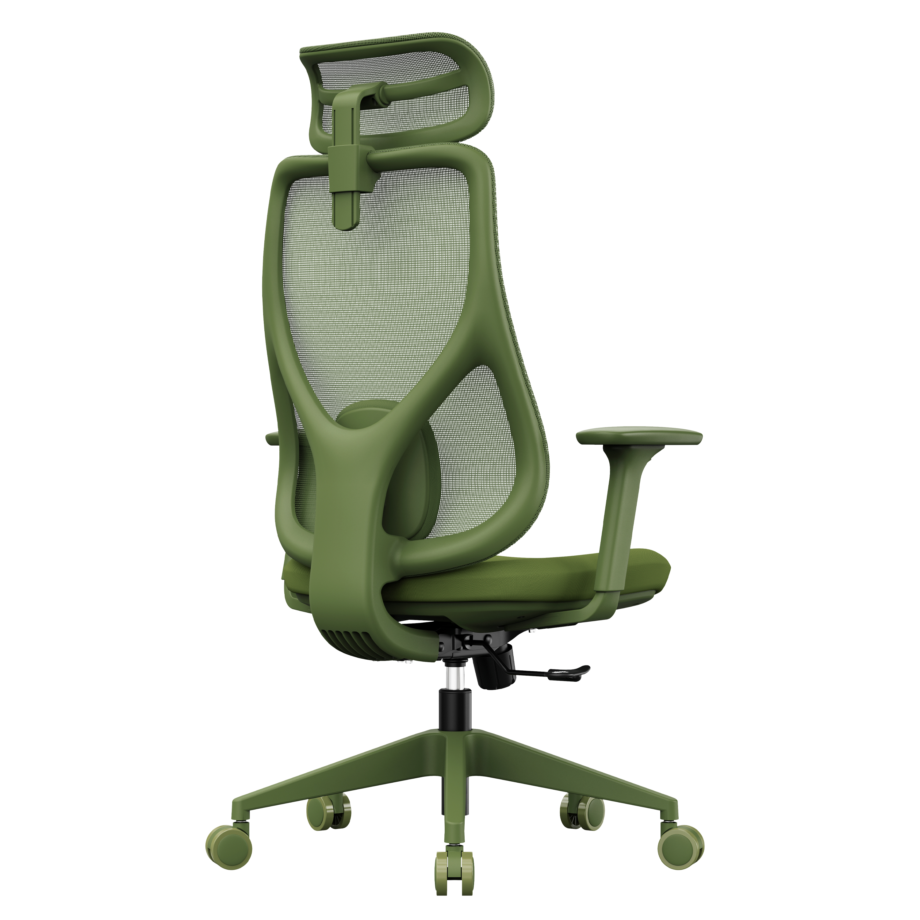 Grüner ergonomischer Bürostuhl auf weißem Hintergrund. Mit Netzrücken, verstellbarer Kopfstütze, Armlehnen und Fünf-Sterne-Fuß mit Rädern.