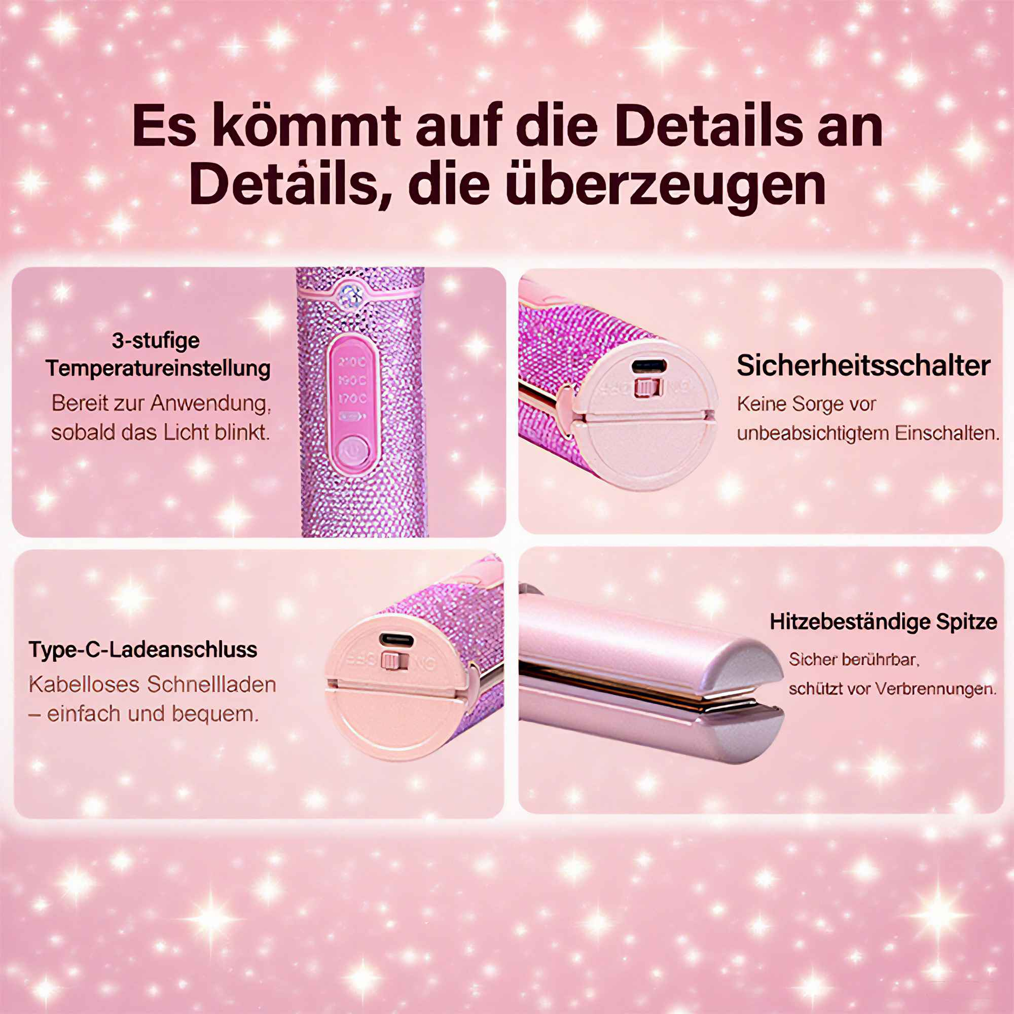Pinkes Haarstyling-Tool mit Text. Merkmale sind Temperatureinstellungen, Sicherheitsschalter und hitzebeständige Spitze.