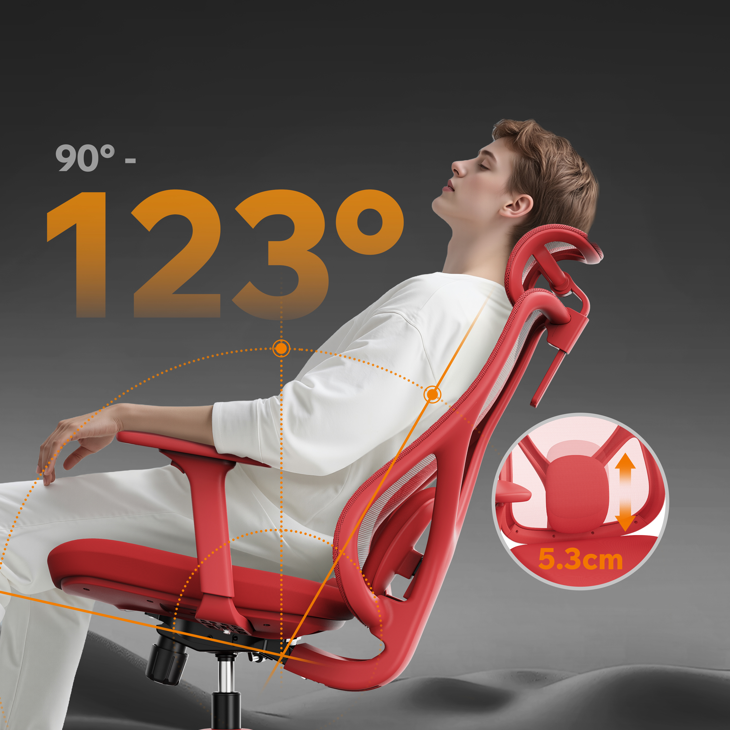 Ein Mann sitzt in einem roten ergonomischen Stuhl und demonstriert die verstellbaren Funktionen. Zahlen und Winkel werden angezeigt.