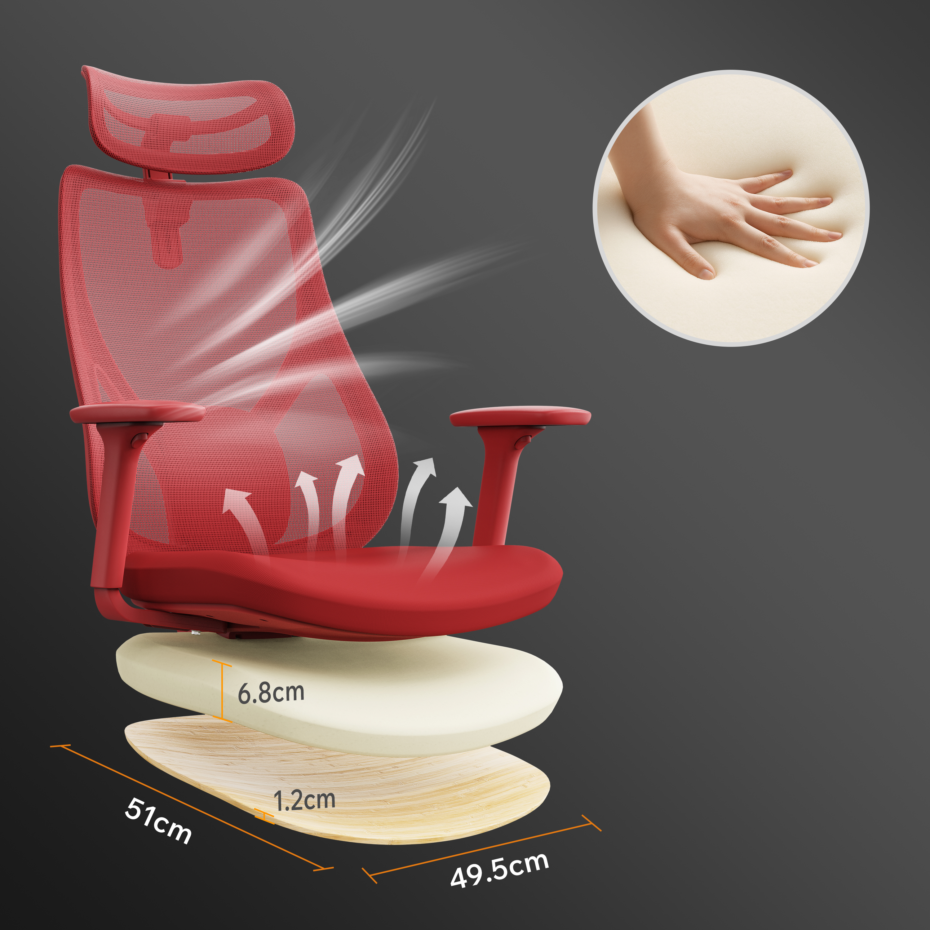 Roter ergonomischer Stuhl mit Maßen und einer Hand, die auf ein cremefarbenes Kissen drückt, mit grauem Hintergrund.