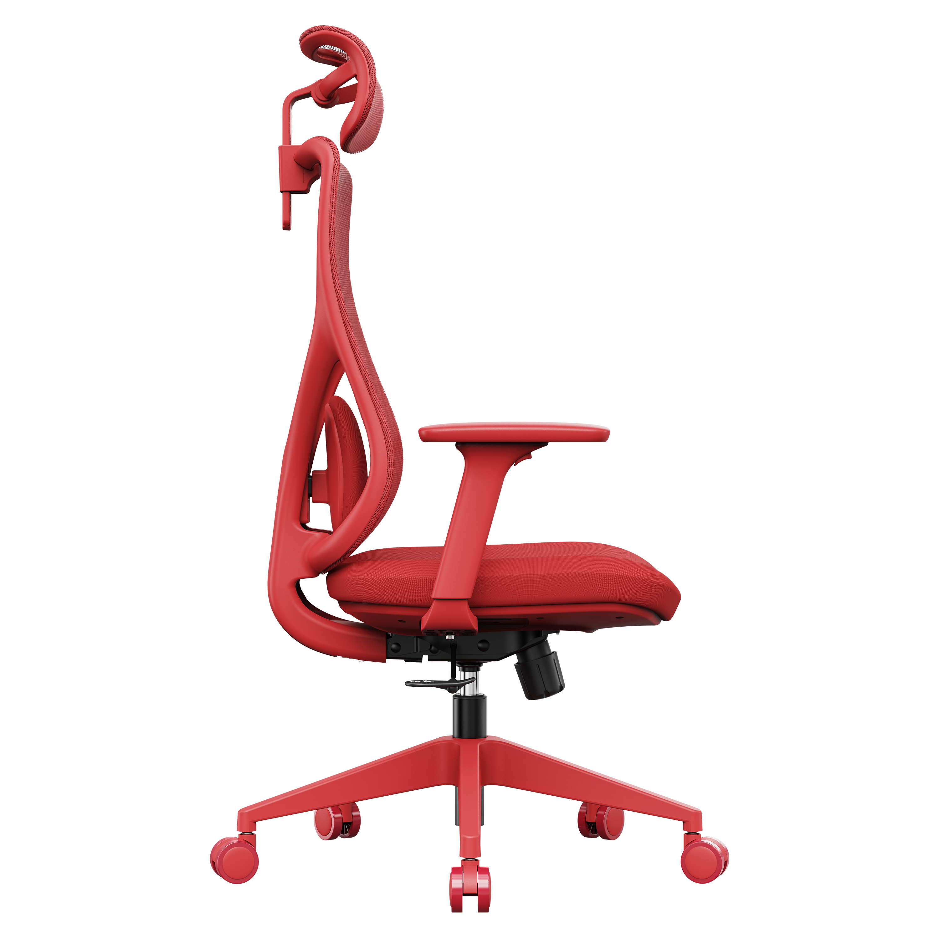 Ein roter ergonomischer Bürostuhl mit Netzrücken, Kopfstütze, Armlehnen und einem Fünf-Rollen-Fuß. Der Hintergrund ist weiß.
