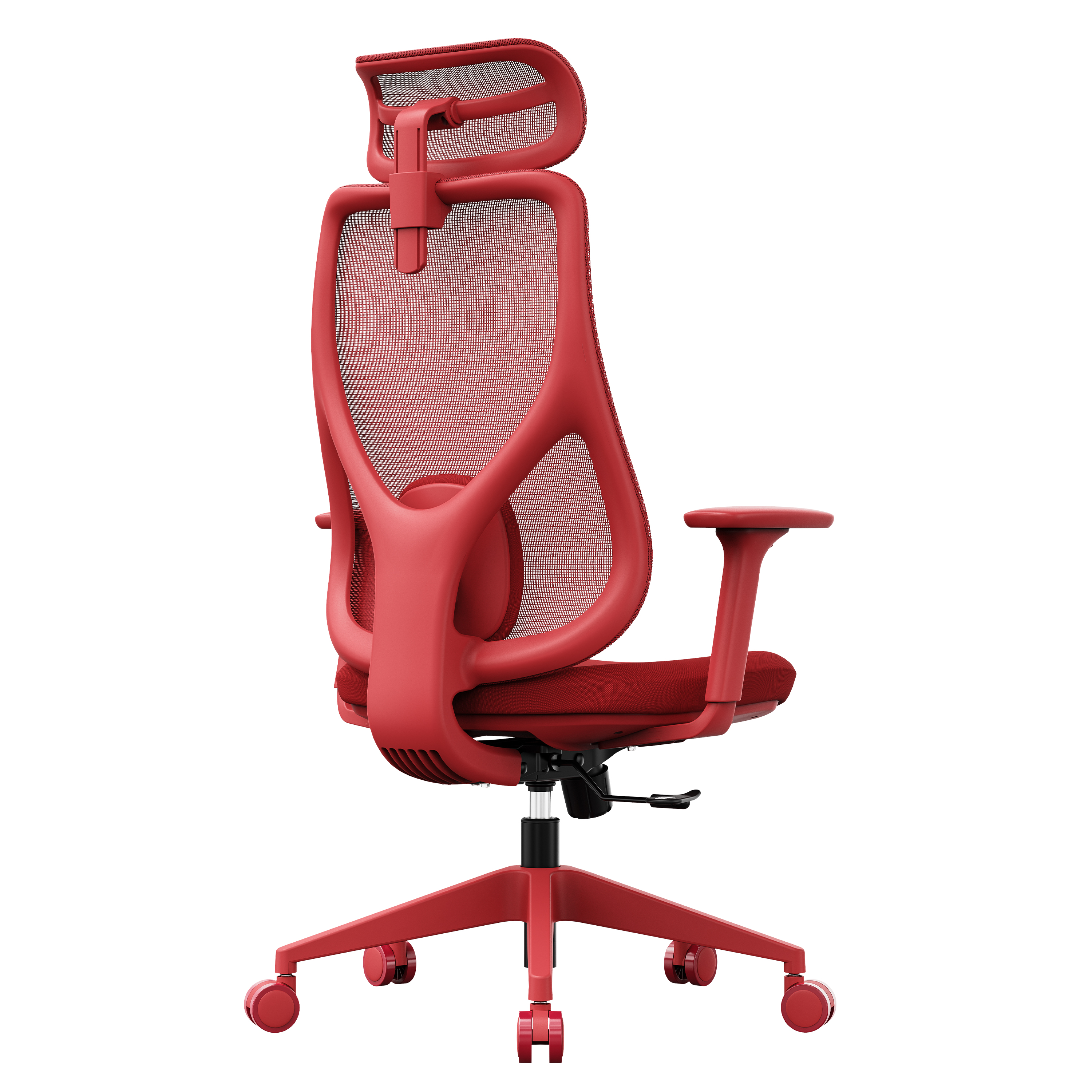Ein roter ergonomischer Bürostuhl mit Netzrücken und Kopfstütze. Der Stuhl steht auf weißem Hintergrund.