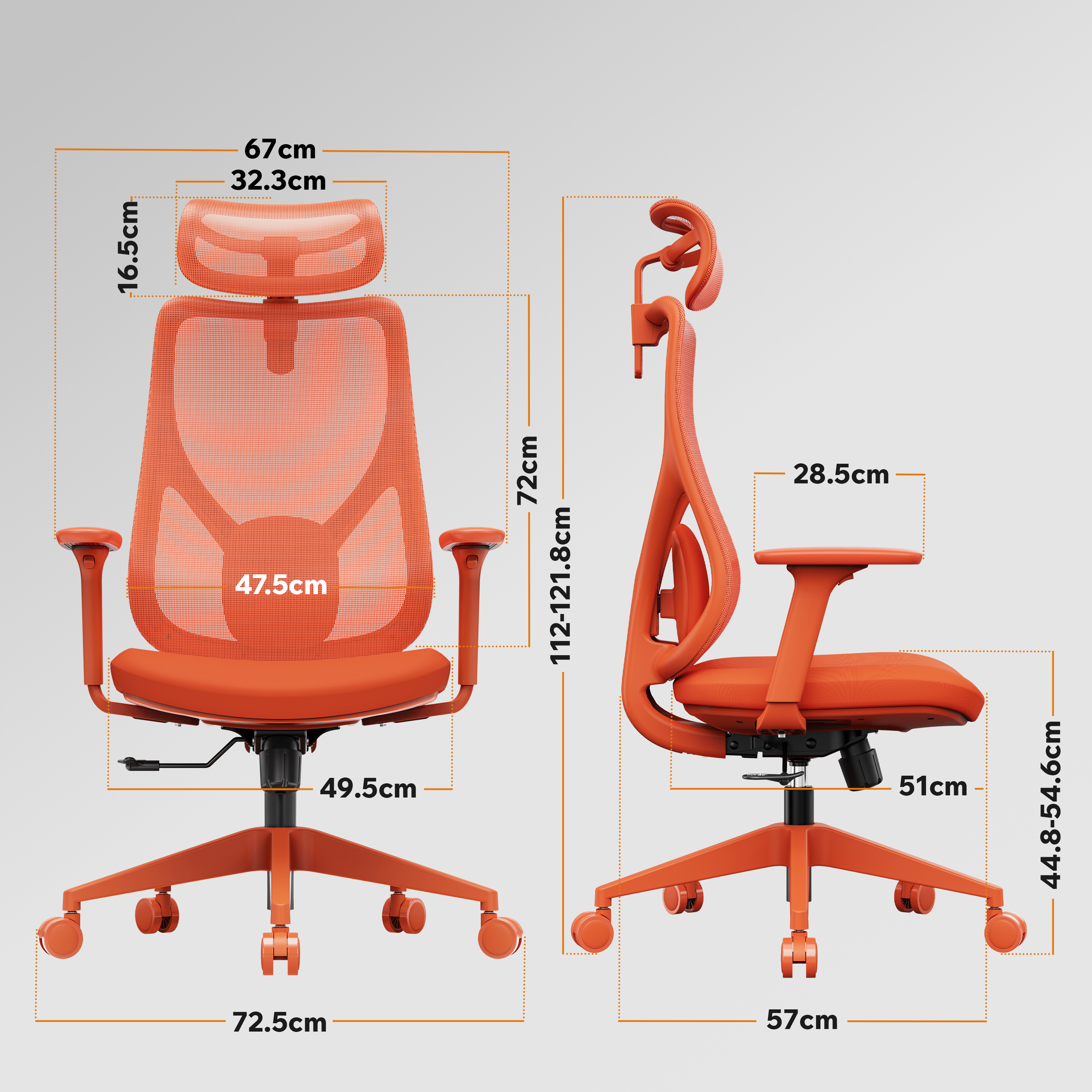 Sedia da ufficio ergonomica arancione con misure. Schienale in rete, braccioli e poggiatesta regolabili.