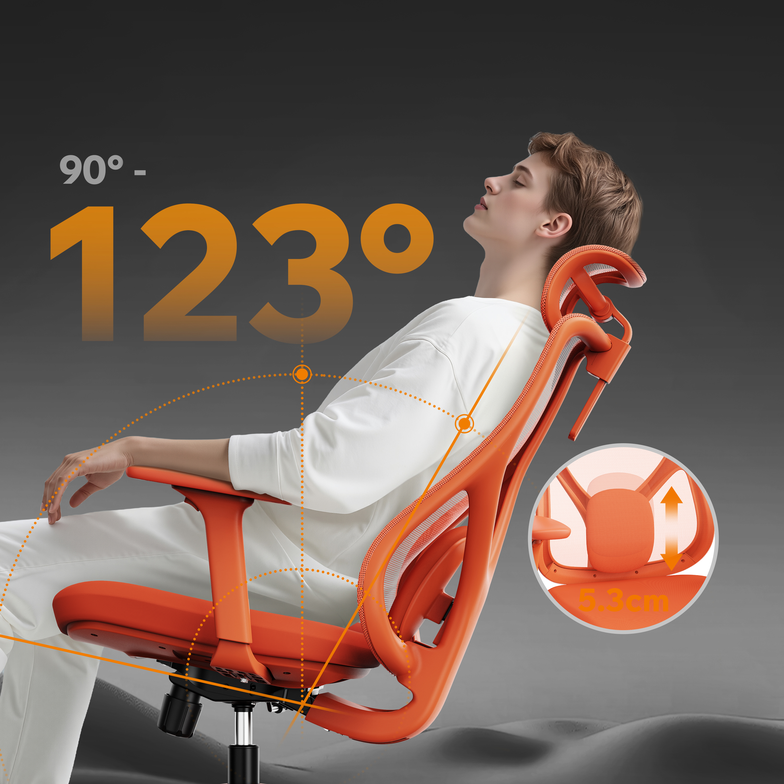 Un uomo si reclina su una sedia arancione, con angoli di 90 e 123 gradi. La sedia ha una regolazione di 5,3 cm.