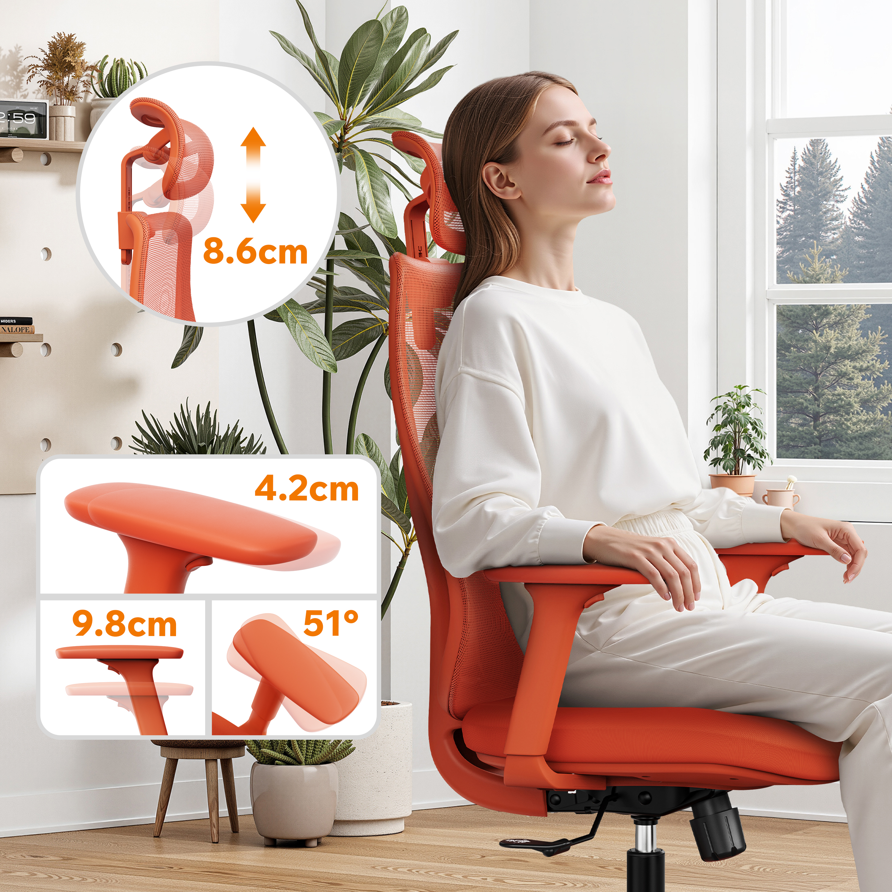 Donna in bianco seduta su una sedia arancione. Vengono mostrati i dettagli delle parti della sedia. Finestra con alberi sullo sfondo.
