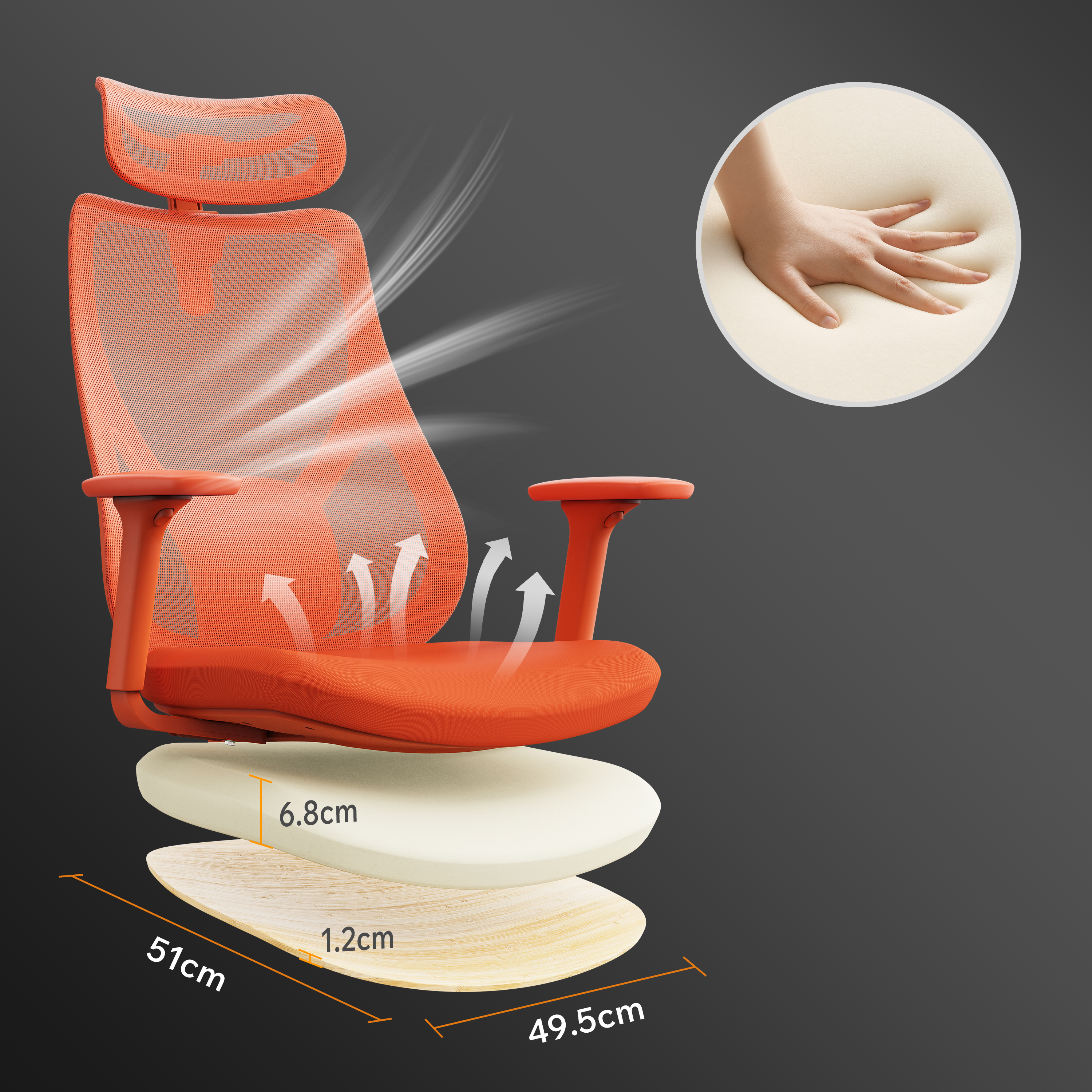 Una sedia ergonomica arancione con poggiatesta, braccioli e strati di imbottitura. Sono indicate anche le dimensioni.