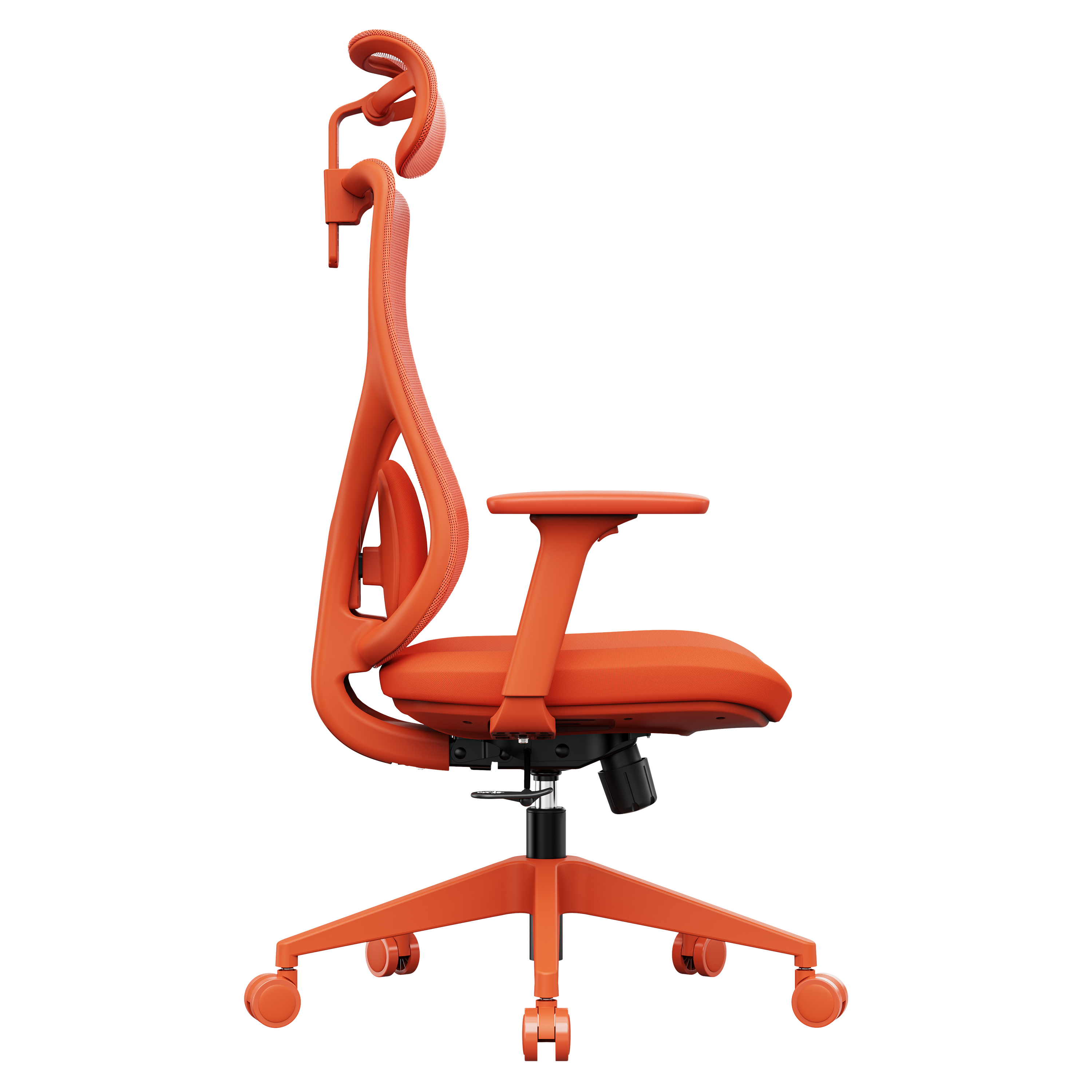 Ein orangefarbener ergonomischer Bürostuhl. Er hat eine Kopfstütze, eine Rückenlehne, einen Sitz, Armlehnen und ein rollbares Untergestell.