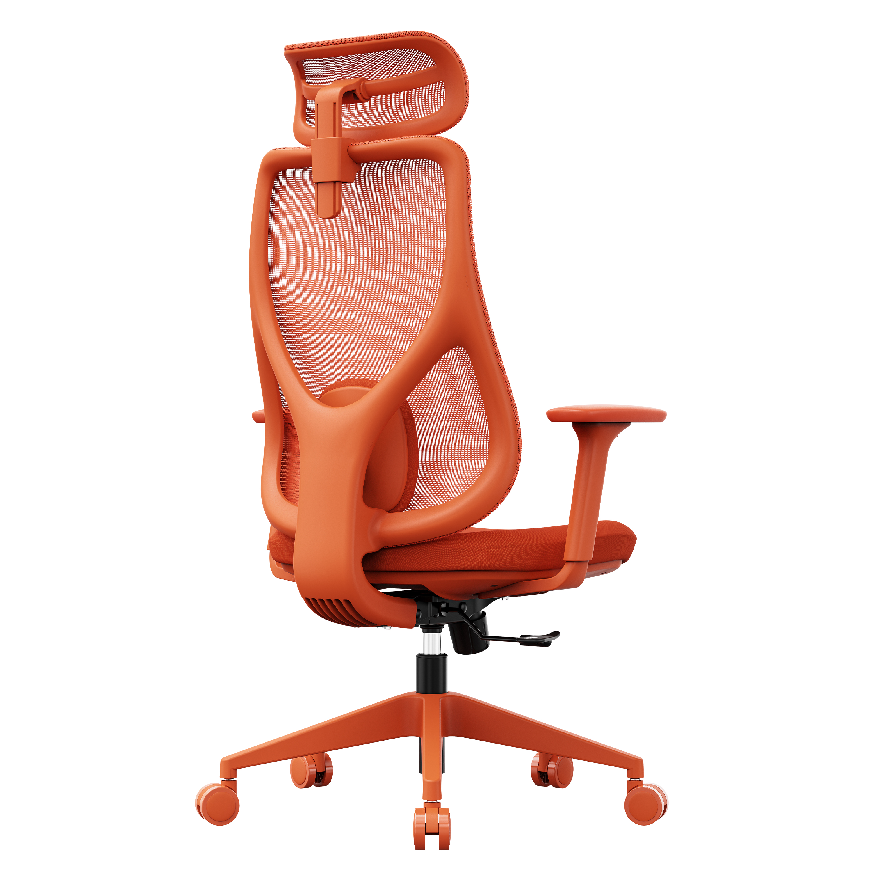 Ein orangefarbener ergonomischer Bürostuhl. Er hat eine Netzrückenlehne, Armlehnen und eine Kopfstütze. Der Stuhl steht vor weißem Hintergrund.
