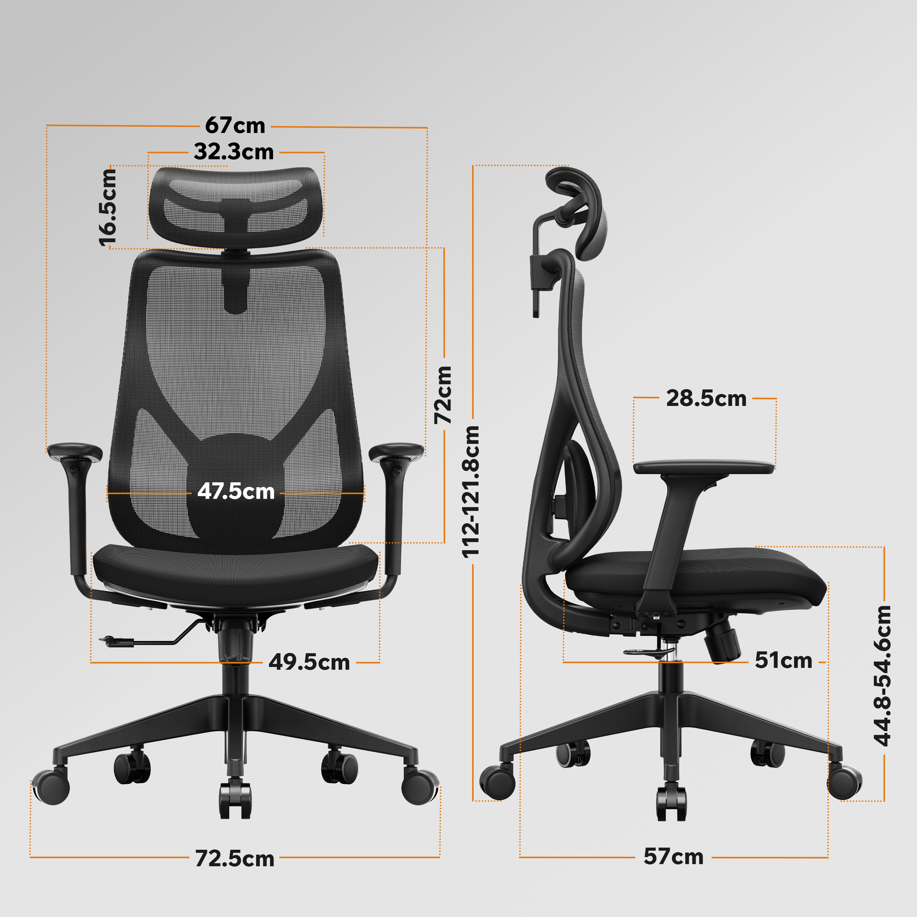 Una sedia da ufficio ergonomica nera con dimensioni etichettate. Ha schienale in rete, poggiatesta, braccioli e base a cinque ruote.