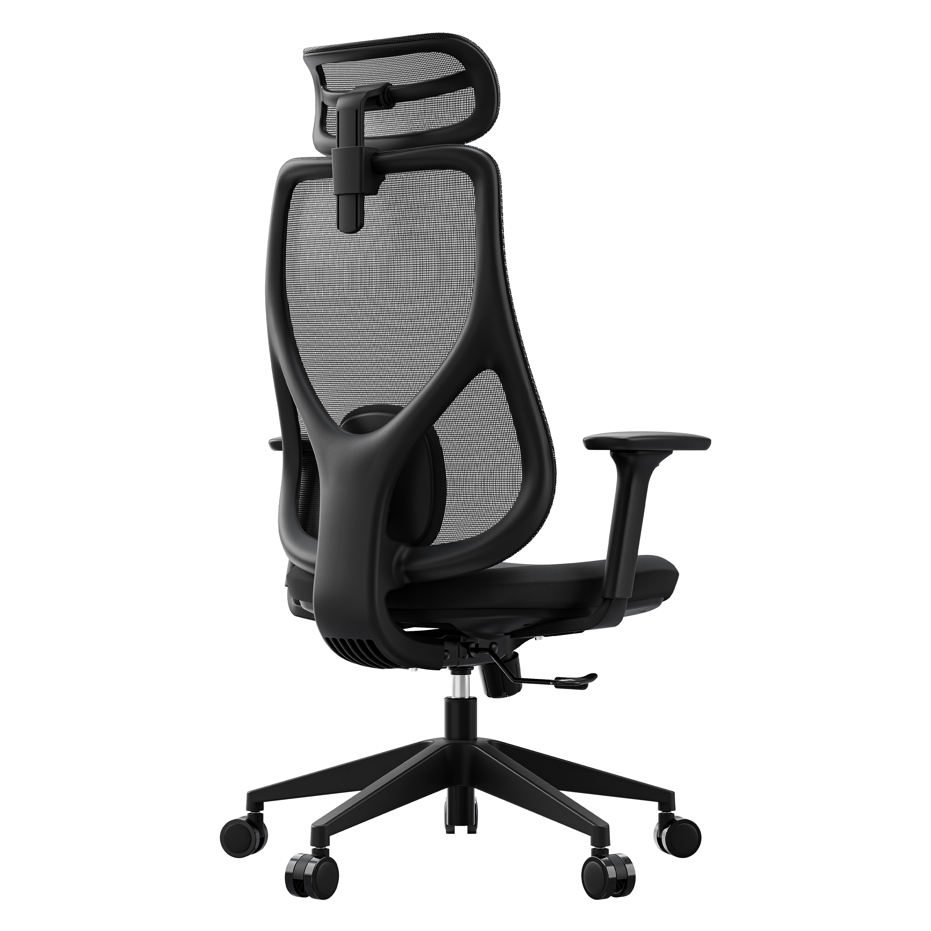 Schwarzer ergonomischer Bürostuhl. Er hat eine Netzrückenlehne, verstellbare Kopfstütze, Armlehnen und ein Fünf-Rollen-Fußgestell.