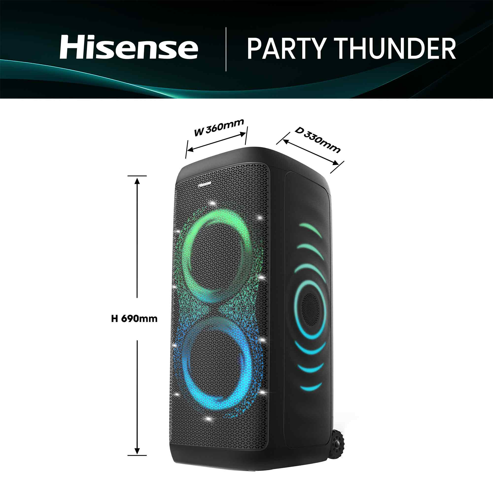 Ein schwarzer Hisense Party Thunder Lautsprecher mit bunten Lichtern. Abmessungen sind angegeben. Er hat Räder für den Transport.