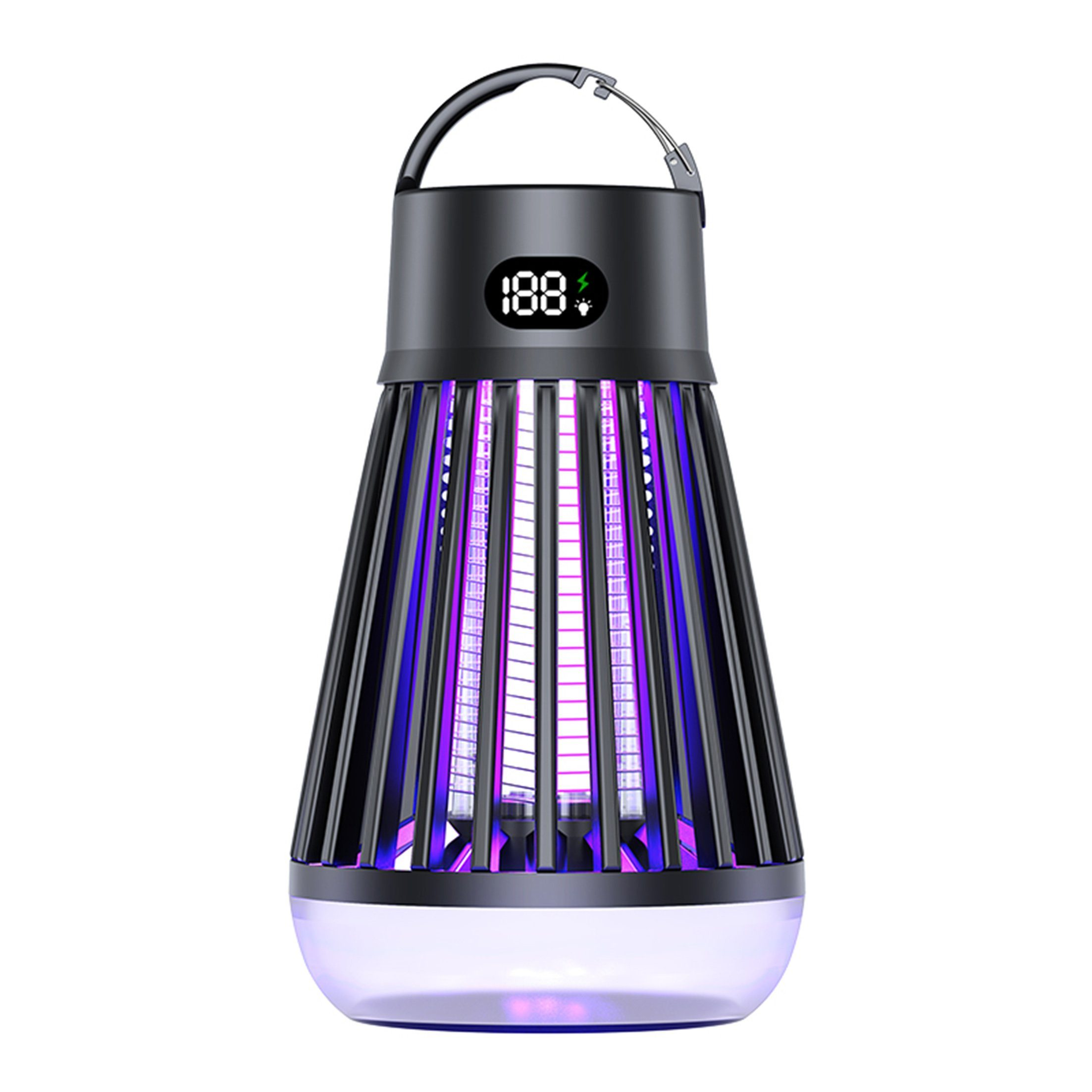 Schwarze und violette Insektenvernichter-Lampe. Sie hat einen Griff. Der untere Teil leuchtet lila.