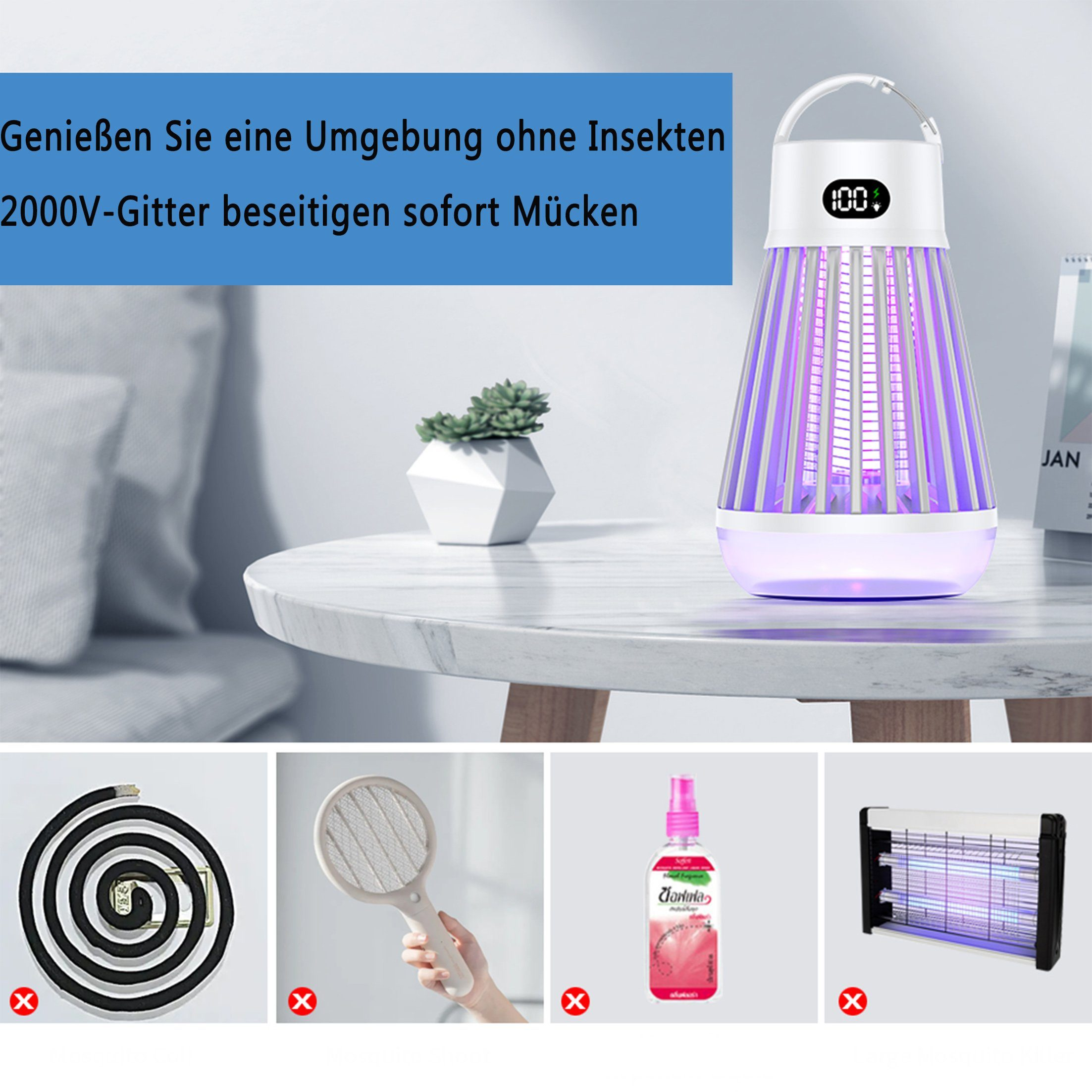 Eine Insektenvernichterlampe auf einem Tisch, Text auf Deutsch. Unten sind durchgestrichene Bilder von Insektenabwehrmitteln.