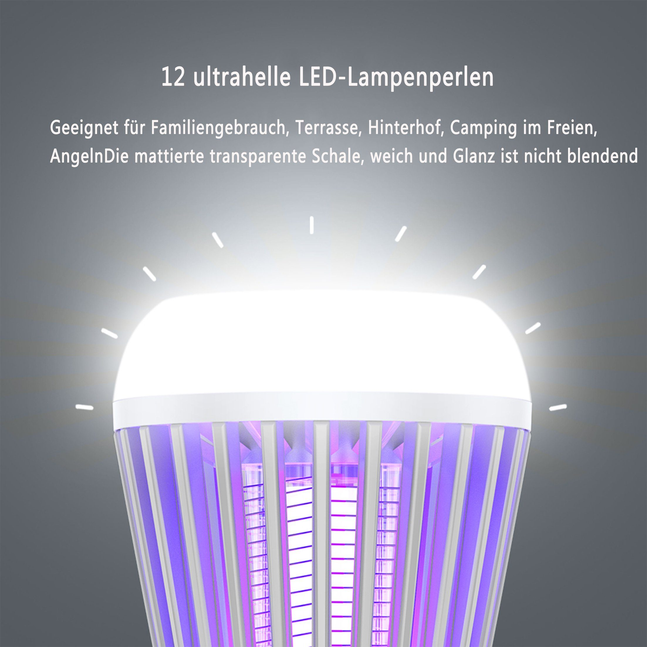 Ein leuchtender Insektenvernichter mit violettem Licht, umgeben von weißen vertikalen Balken.