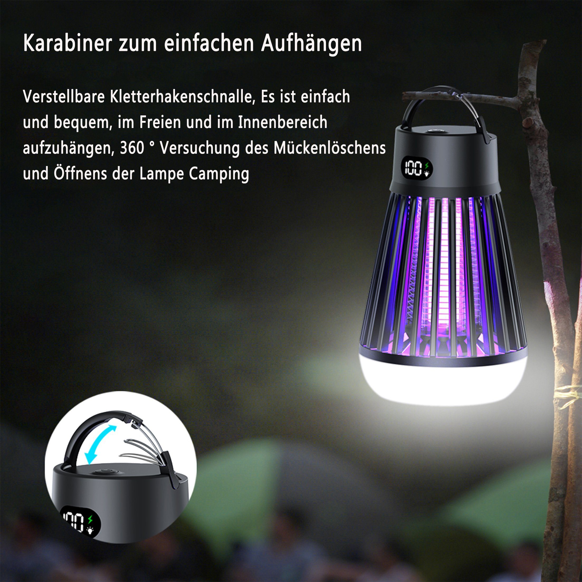 Eine schwarze Campinglampe mit violettem Licht, die an einem Ast hängt. Ein kleineres Bild zeigt die Oberseite und den Haken.