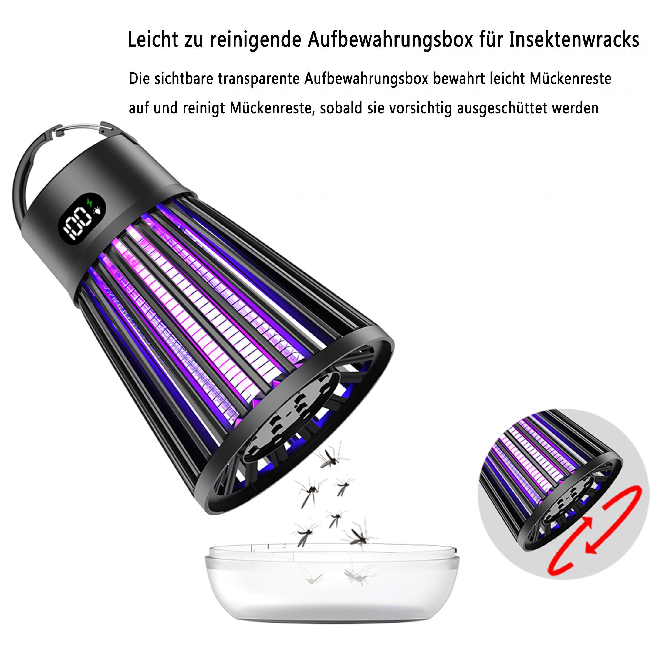 Insektenvernichter mit violettem Licht, tote Käfer in einer darunter liegenden Schale. Klares Design, schwarz und lila.