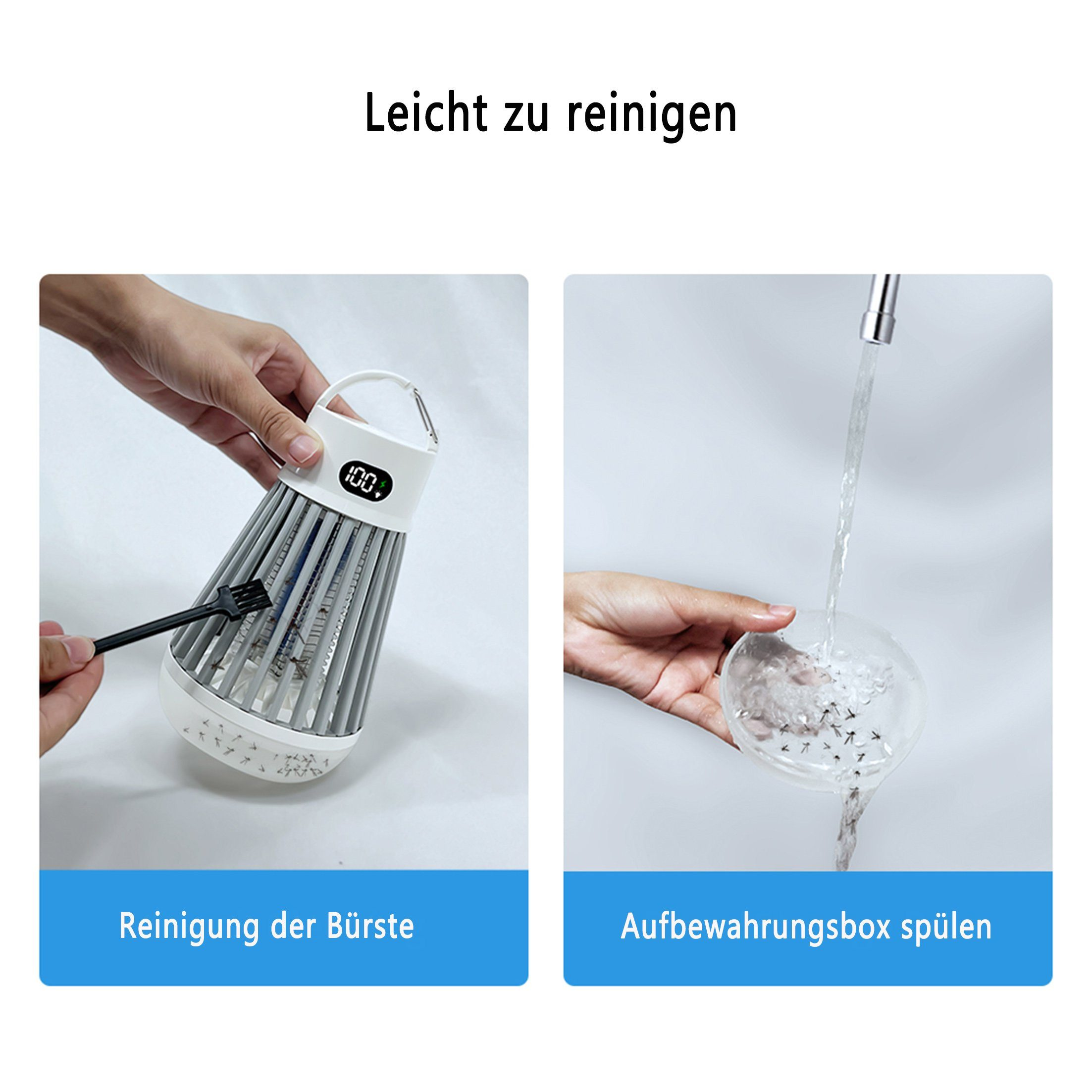 Hände reinigen einen Insektenvernichter. Einer benutzt eine Bürste, der andere spült die Schale aus.