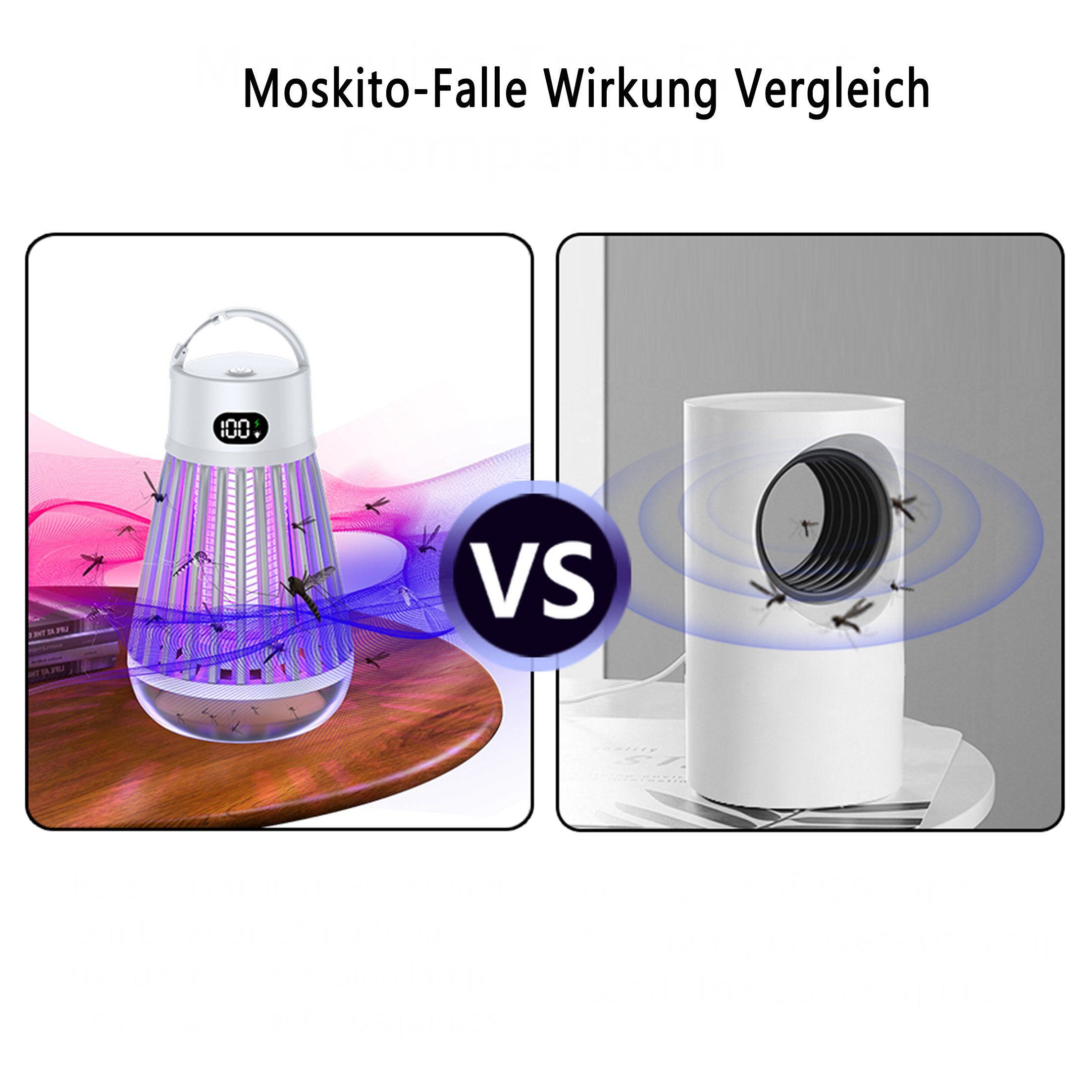 Vergleich von Moskitofallen. Eine auf einem Holztisch, die andere auf einer weißen Plattform. Mücken werden von beiden angezogen.