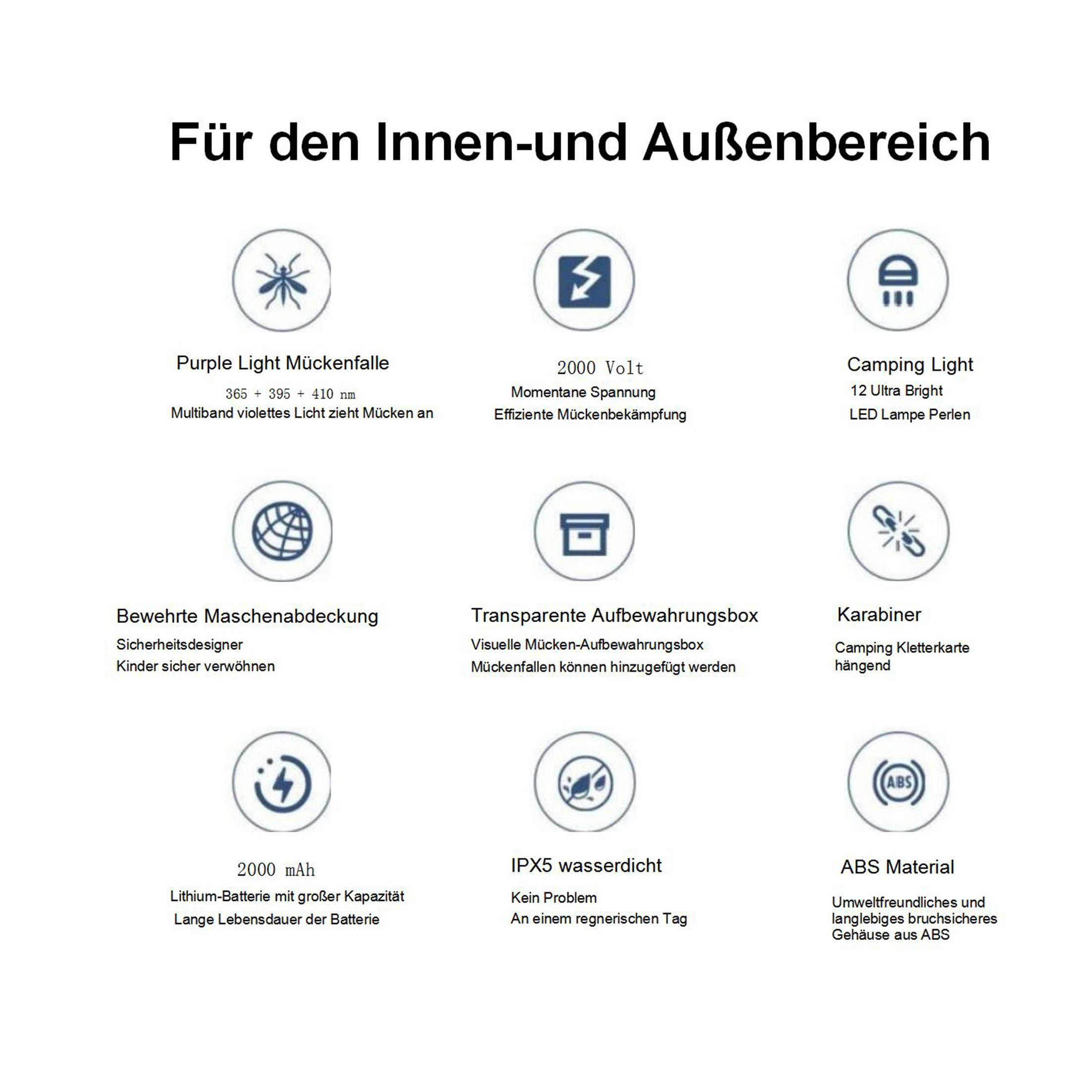 Das Bild zeigt Produktdetails mit Symbolen, darunter Mückenfalle, Licht, Batterie und wasserdichte Eigenschaften.