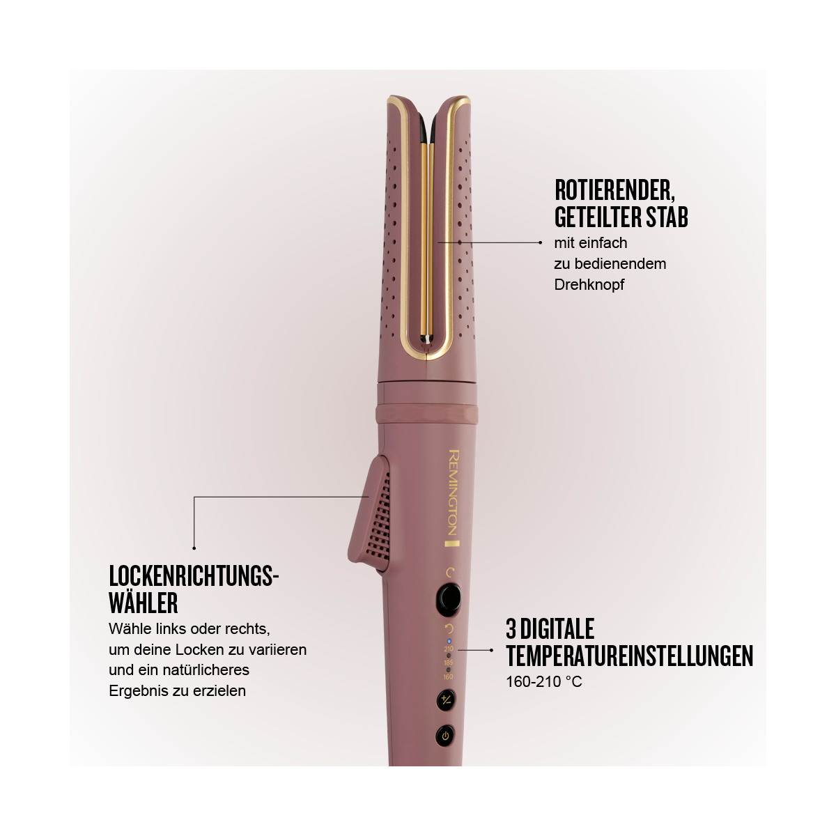 Viene mostrato un arricciacapelli Remington rosa e oro. Ha un fusto diviso rotante, un selettore di direzione del ricciolo e 3 impostazioni di temperatura digitali.