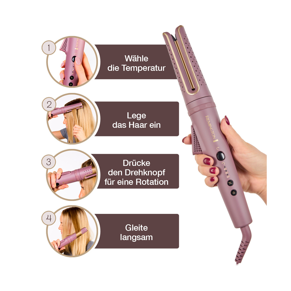 Una persona tiene in mano un arricciacapelli Remington viola, con istruzioni: scegli la temperatura, inserisci i capelli, ruota e fai scorrere.