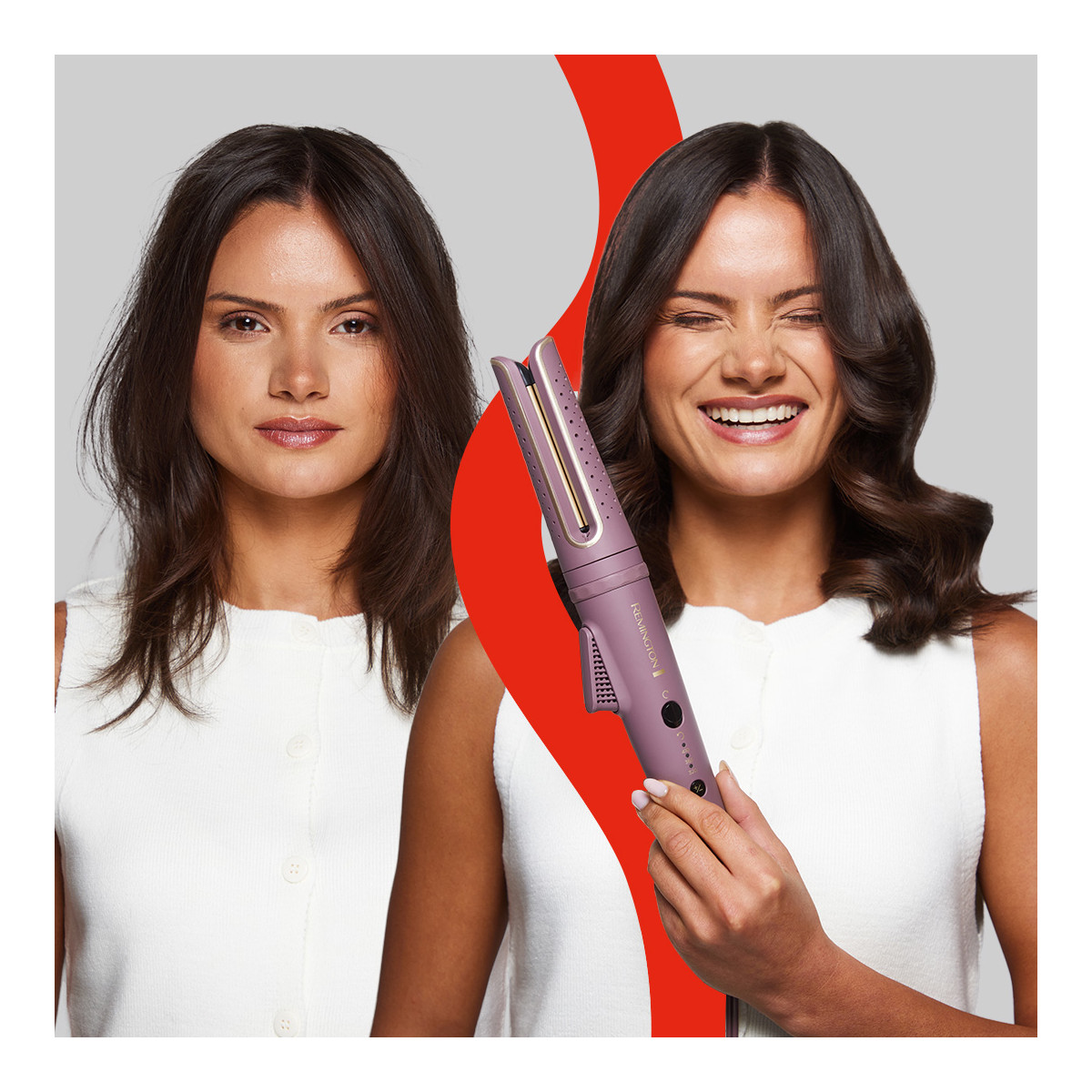Donna con capelli lisci e ricci uno accanto all'altro. Tiene in mano un arricciacapelli viola. Striscia rossa sullo sfondo.