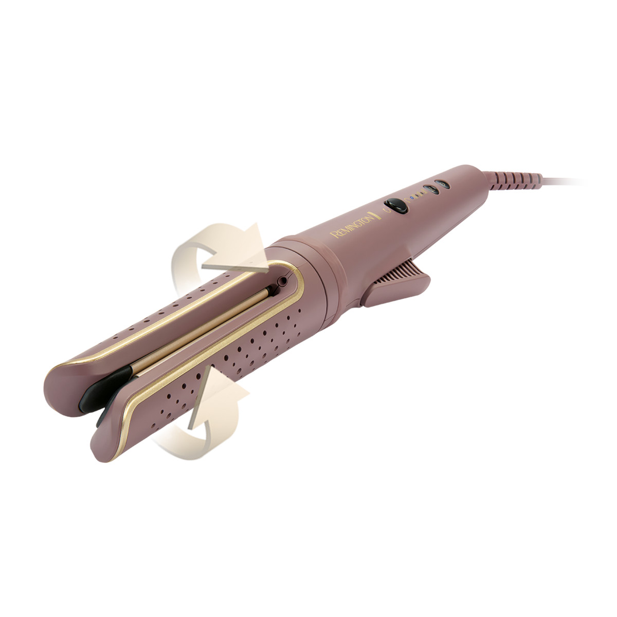 Ein Remington-Haarcurler mit zwei rotierenden Platten, braun und gold. Pfeile zeigen die Drehung an. Weißer Hintergrund.