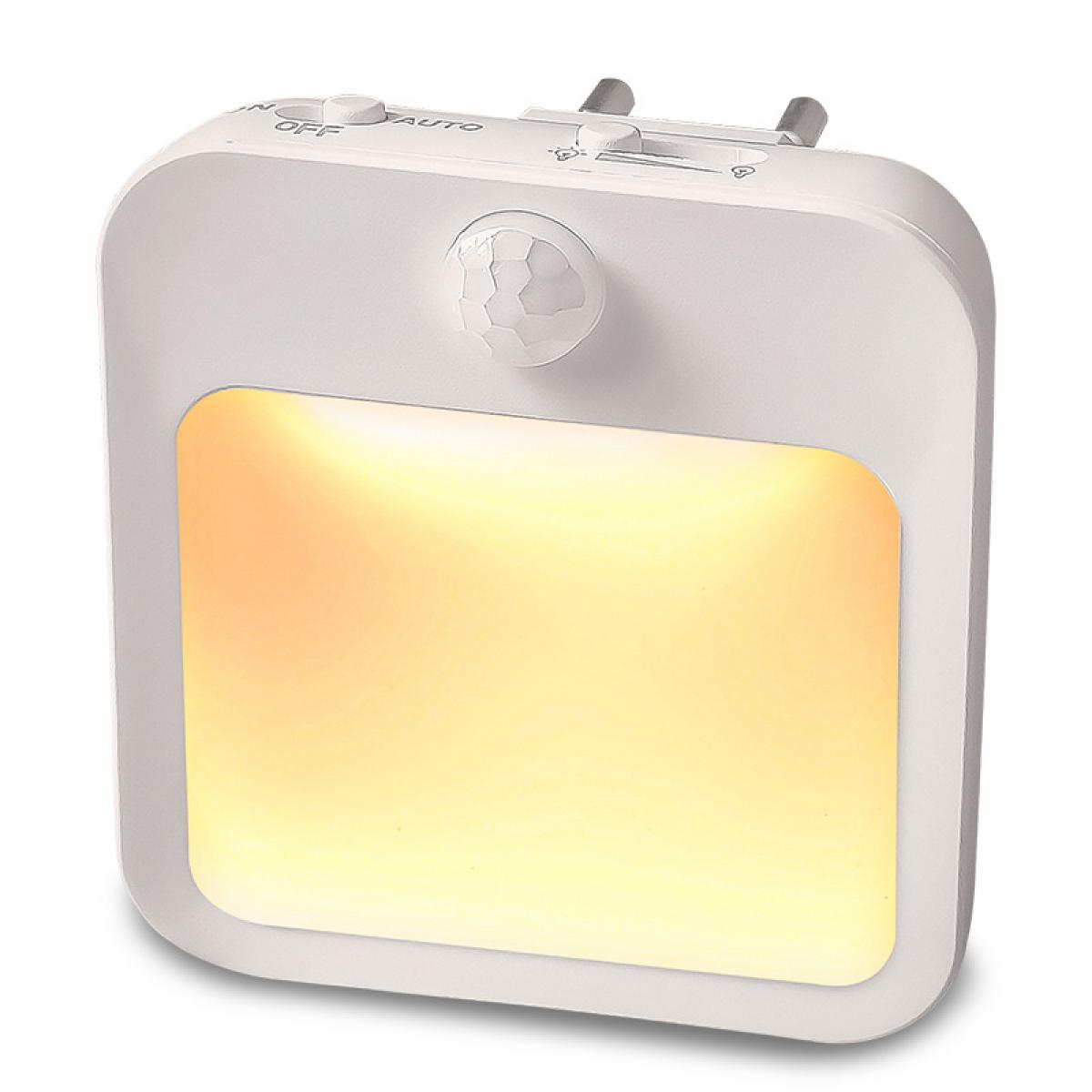 Weißes Nachtlicht mit Bewegungssensor und warmgelbem Licht. Enthält einen Ein/Aus/Automatik-Schalter und Stecker.