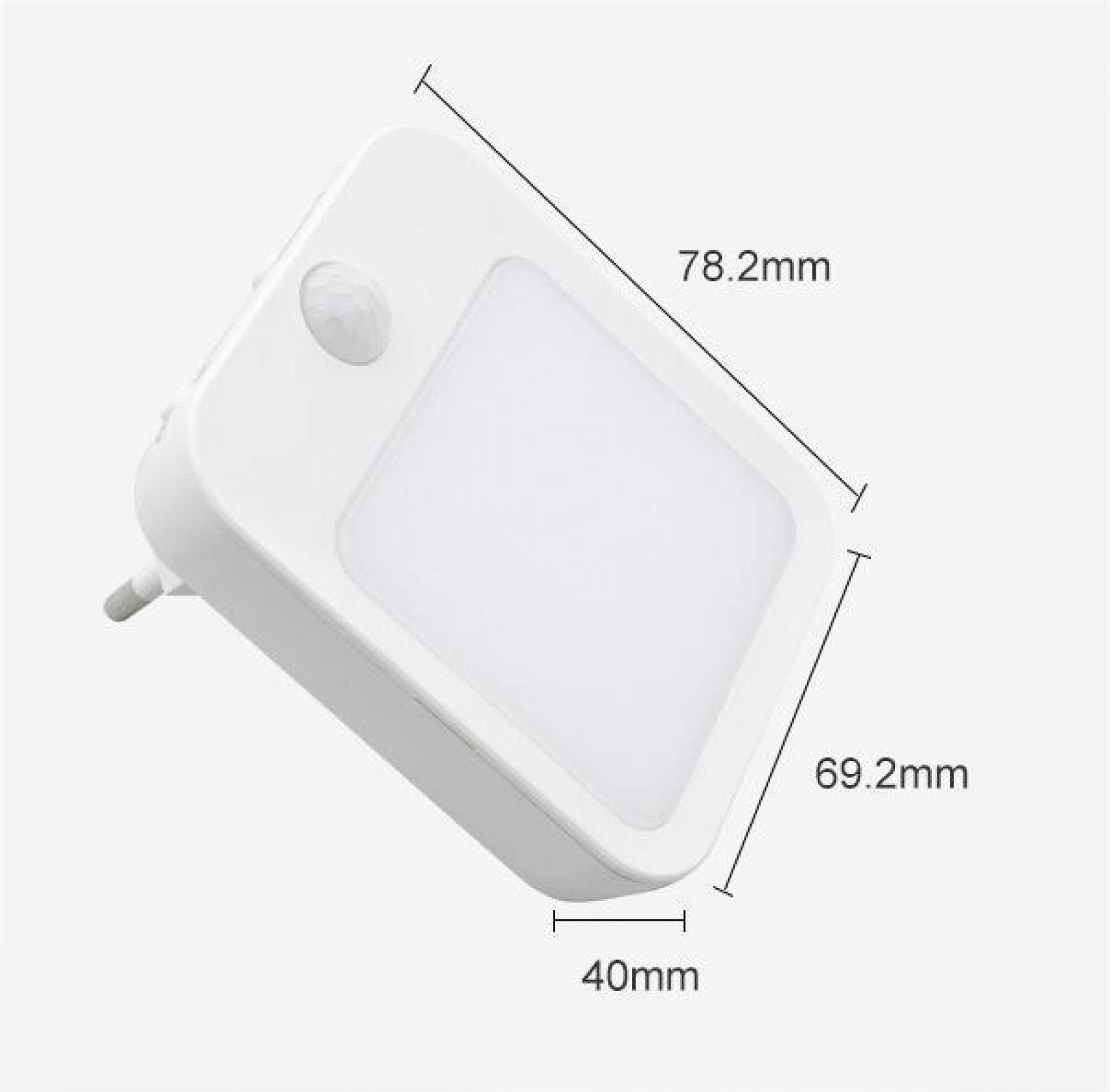 Weißes LED-Nachtlicht mit Maßangaben. Es hat einen Sensor und einen Stecker. Das Licht befindet sich auf weißem Hintergrund.