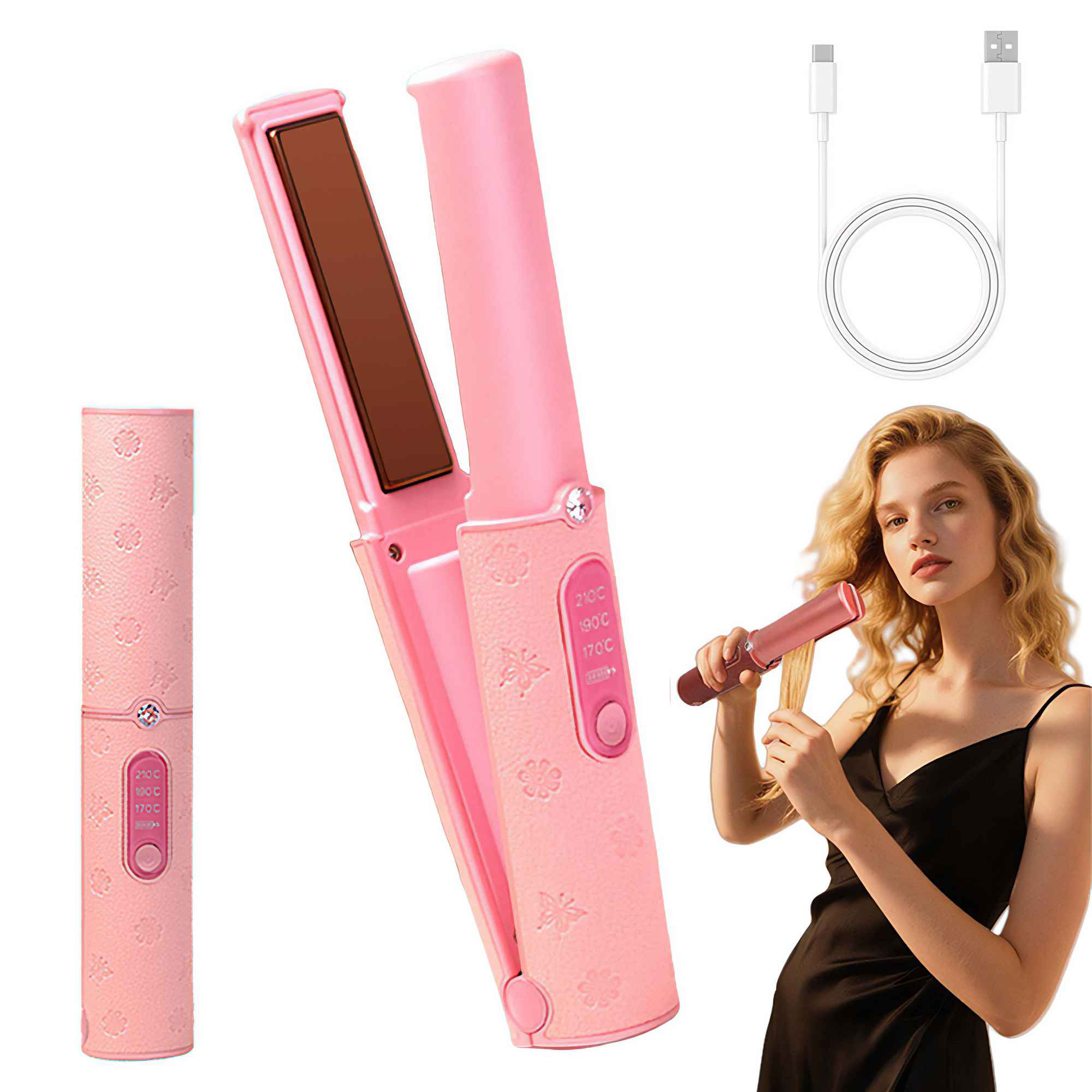 Eine Frau benutzt einen rosa Haarglätter. Mehrere Accessoires und ein Kabel sind ebenfalls im Bild.