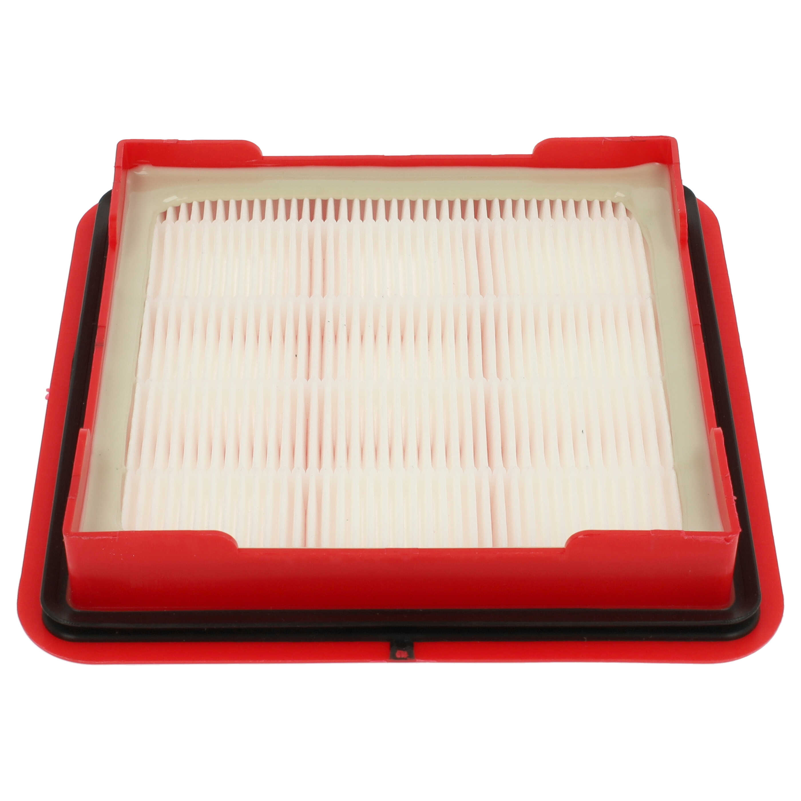 Ein Luftfilter mit rotem Rahmen, schwarzer Dichtung und weißem, plissiertem Filterkern.